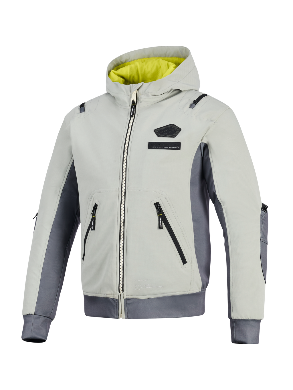 Alpinestars Moblast wasserdichte Jacke, Iron Gray und Dark Sage, Motorradjacke mit Kapuze und leuchtend gelbem Futter, hellgrauer Textilkörper mit dunkelgrauen Seitenteilen, mit wasserdichten Reißverschlüssen und Logo-Branding auf der Brust