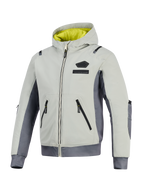 Alpinestars Moblast wasserdichte Jacke, Iron Gray und Dark Sage, Motorradjacke mit Kapuze und leuchtend gelbem Futter, hellgrauer Textilkörper mit dunkelgrauen Seitenteilen, mit wasserdichten Reißverschlüssen und Logo-Branding auf der Brust