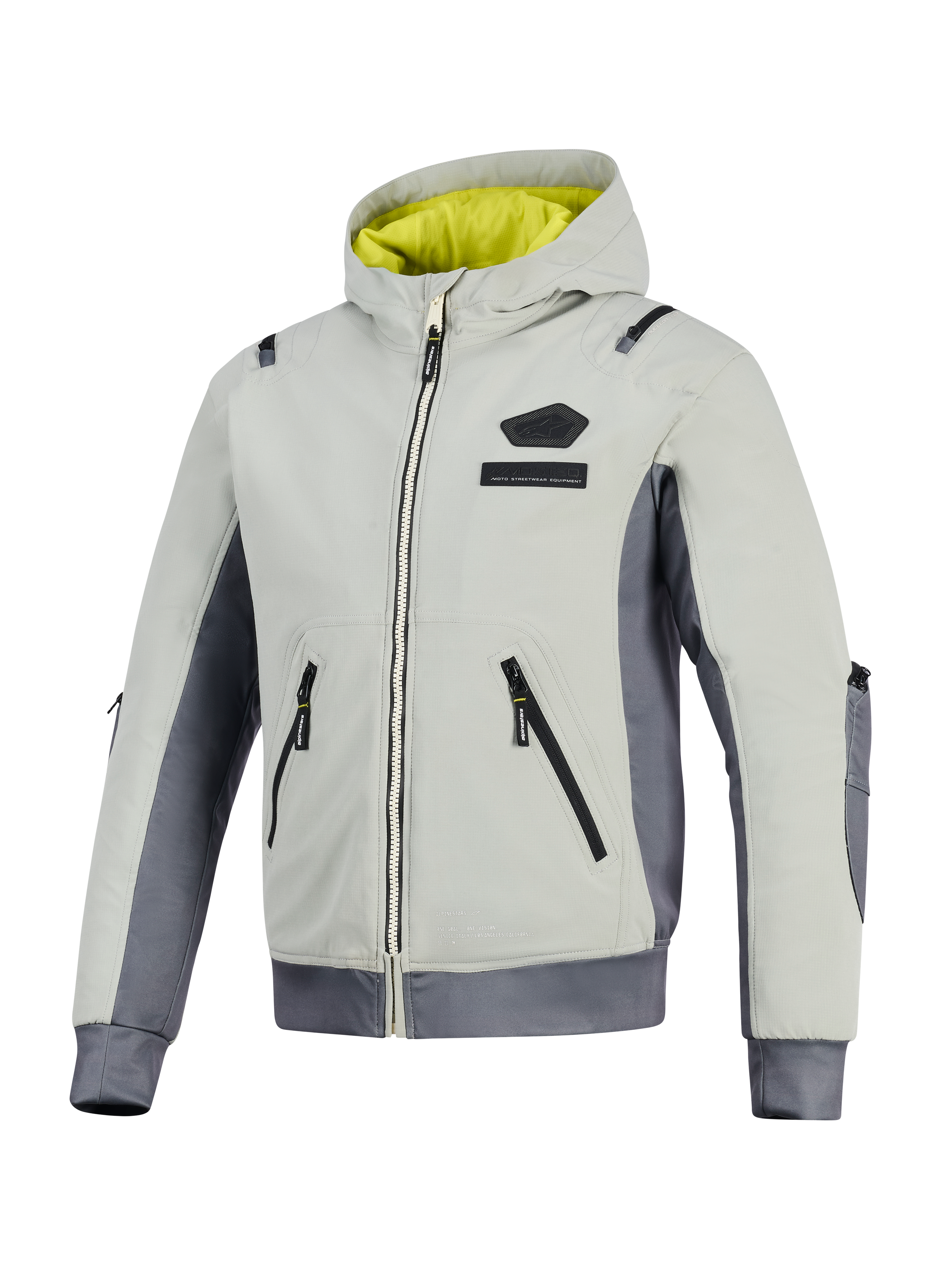 Alpinestars Moblast wasserdichte Jacke, Iron Gray und Dark Sage, Motorradjacke mit Kapuze und leuchtend gelbem Futter, hellgrauer Textilkörper mit dunkelgrauen Seitenteilen, mit wasserdichten Reißverschlüssen und Logo-Branding auf der Brust