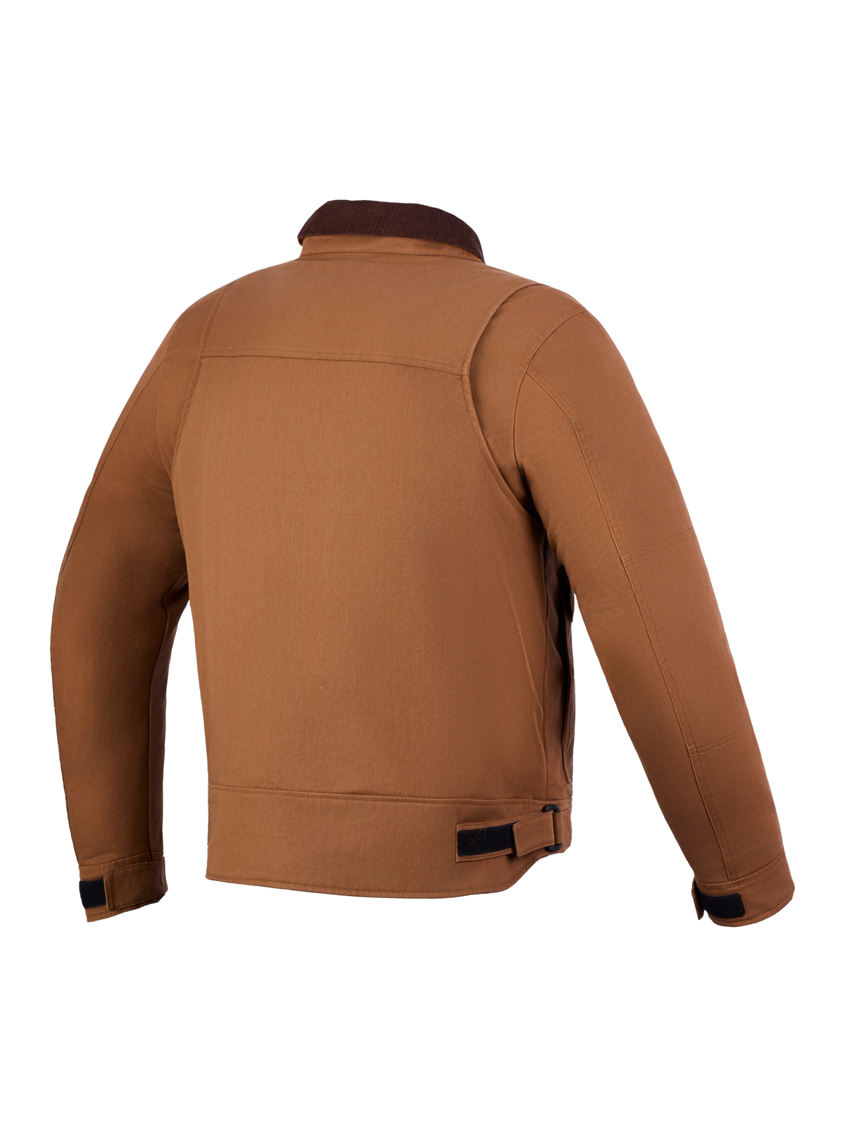 Alpinestars Mustang WP Jacke, urbane Motorradjacke, Rückansicht in Dunkelbraun mit Stretch-Twill-Gewebe und CE-Zertifizierung