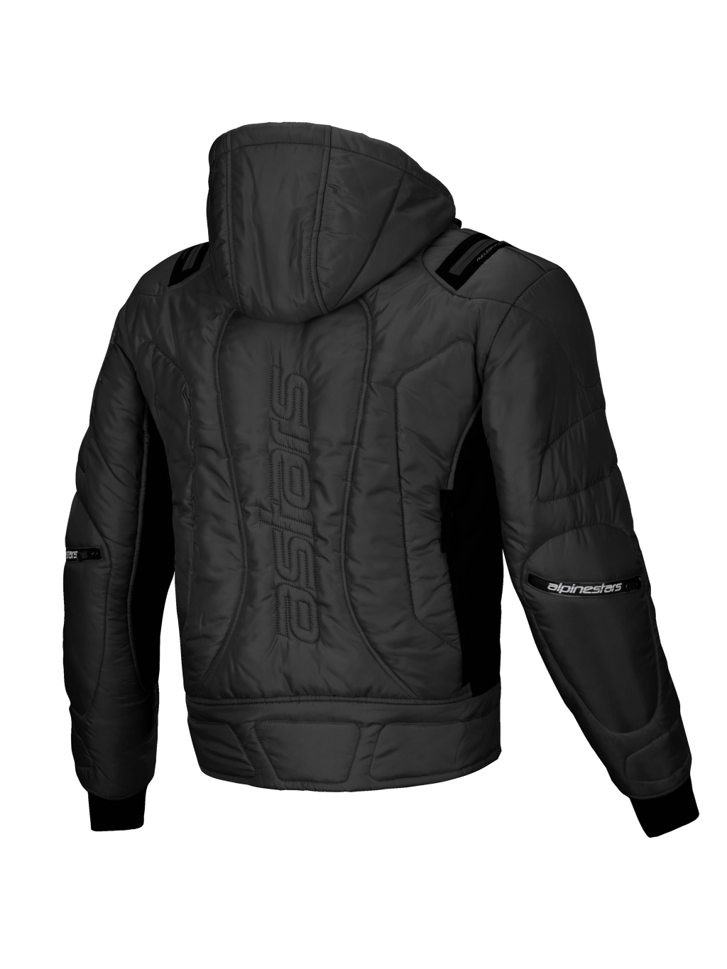 Alpinestars Mohobbs Waterproof Jacket, urban motorcycle bomber jacket, Black, back view showing quilted padding, integrated hood, and astars wordmark