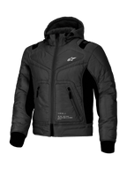 Alpinestars Mohobbs Waterproof Jacket, urban motorcycle bomber in Black, featuring quilted poly fabric construction, integrated hood, and CE-certified protection