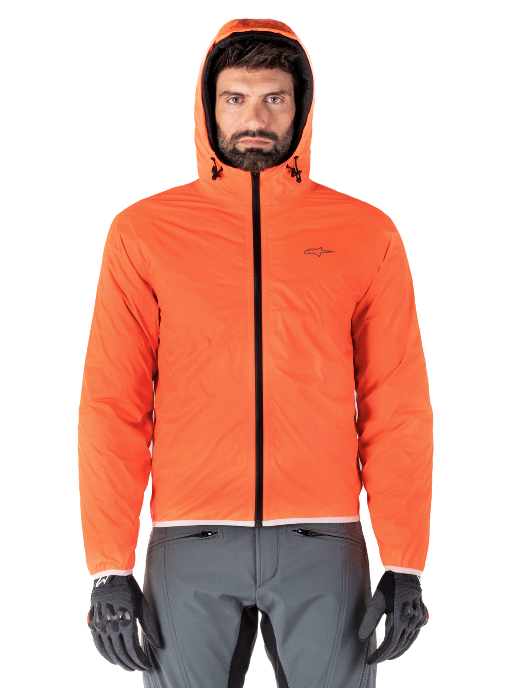 Alpinestars Mohobbs wasserdichte Jacke, gepolsterte Motorrad-Bomberjacke, Schwarz und Orange Fluo, gestepptes Design mit sturmfester Kapuze, urban-streetwear-inspirierte Fahrausrüstung