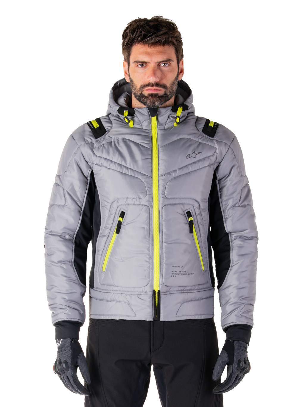 Alpinestars Mohobbs wasserdichte Jacke, urbane Motorradjacke, Lunar Gray mit Akzenten in Lime Punch, gestepptes Bomber-Design mit Kapuze, leuchtend gelbe Reißverschlüsse und schwarze Seiteneinsätze, von Streetwear inspirierte schützende Fahrerausrüstung