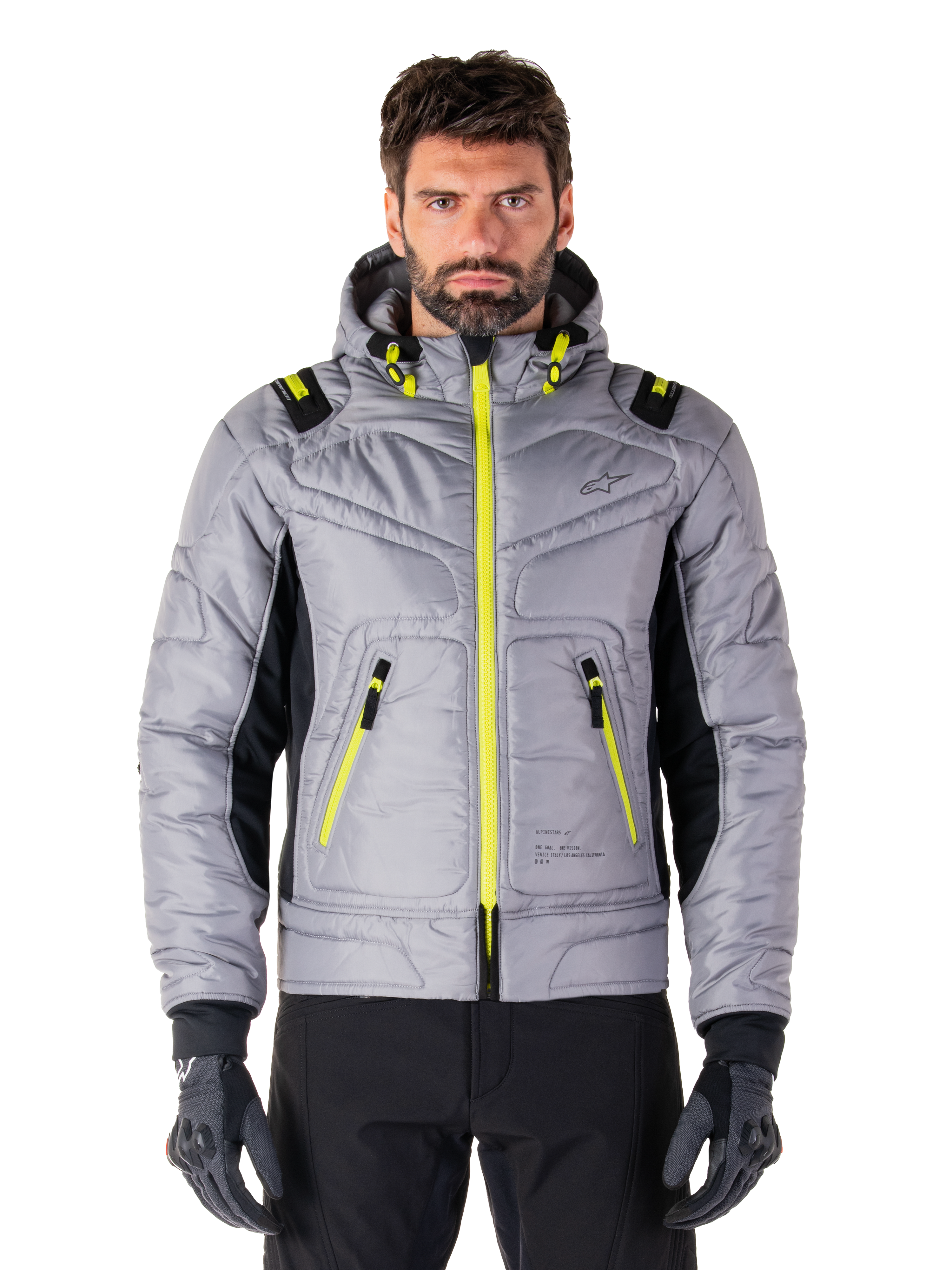 Alpinestars Mohobbs Waterproof Jacket, Urban Motorcycle Jacket, Lunar Gray with Lime Punch accents, quilted bomber design with hood, bright yellow zippers and black side panels, streetwear-inspired protective riding gear