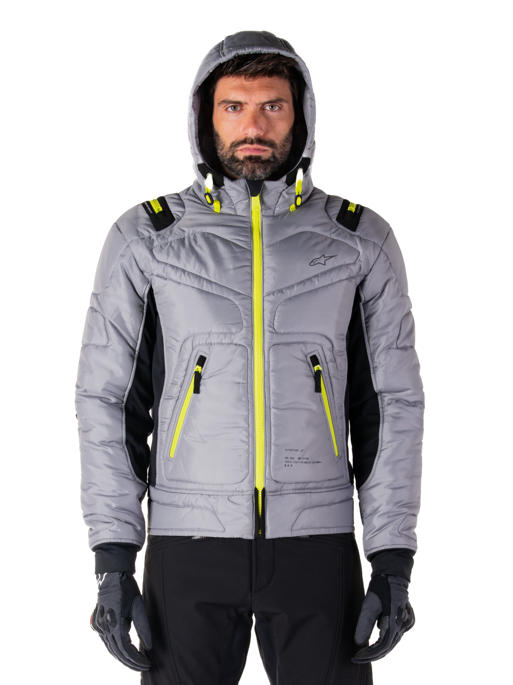 Alpinestars Mohobbs Wasserdichte Jacke, Motorrad-Bomberjacke, Lunar Gray und Lime Punch, gestepptes Design mit leuchtend neongelben Reißverschlüssen und Kapuzen-Akzenten, moderne urbane Moto-Streetwear