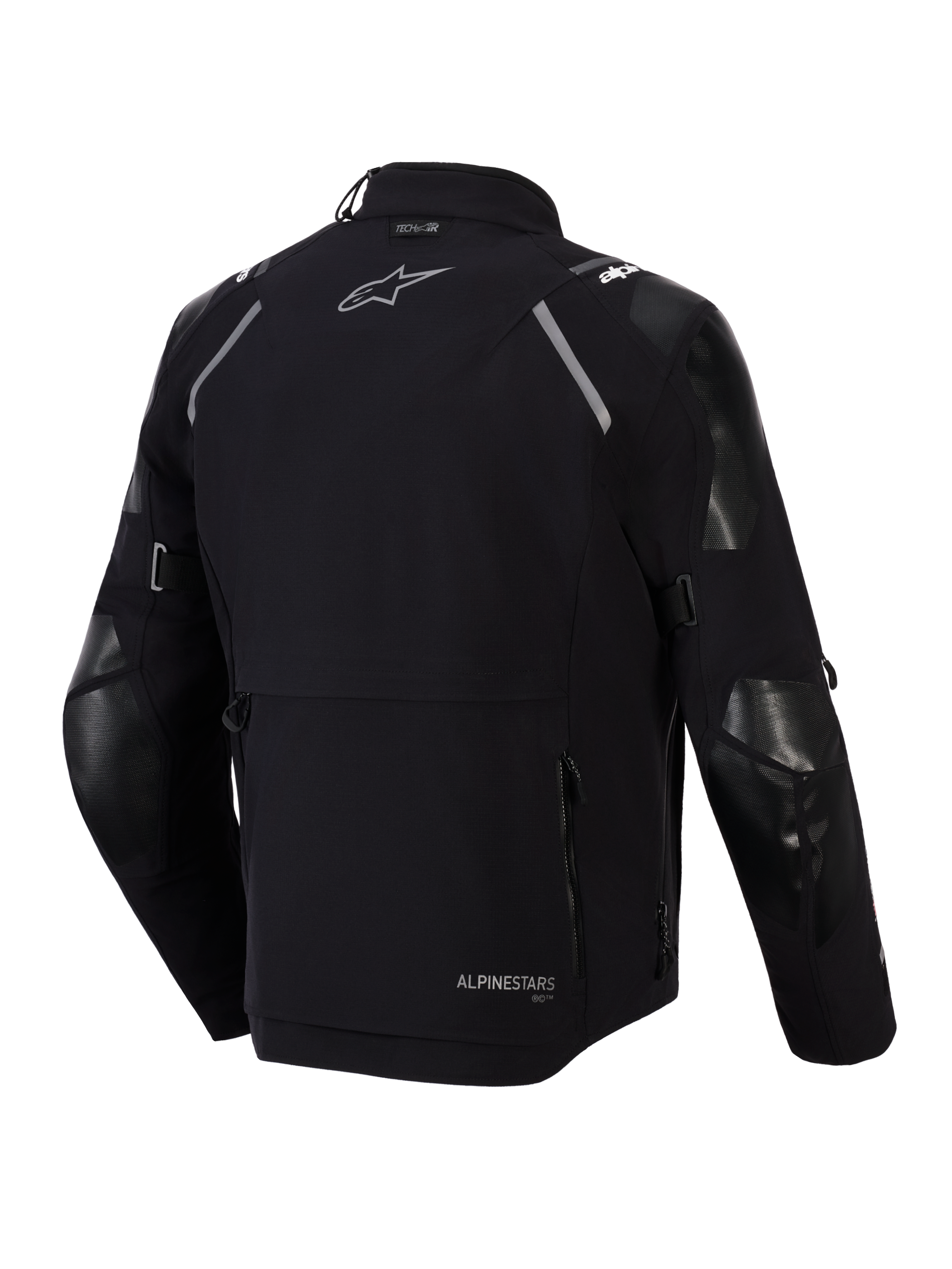 Alpinestars Andes Pro Drystar® XF Jacke, Rückansicht, Schwarz und Dunkelgrau, Adventure-Touring-Textiljacke mit großer Rückentasche, reflektierenden Schulterakzenten, Alpinestars-Logo und Tech-Air®-Kompatibilitäts-Branding.