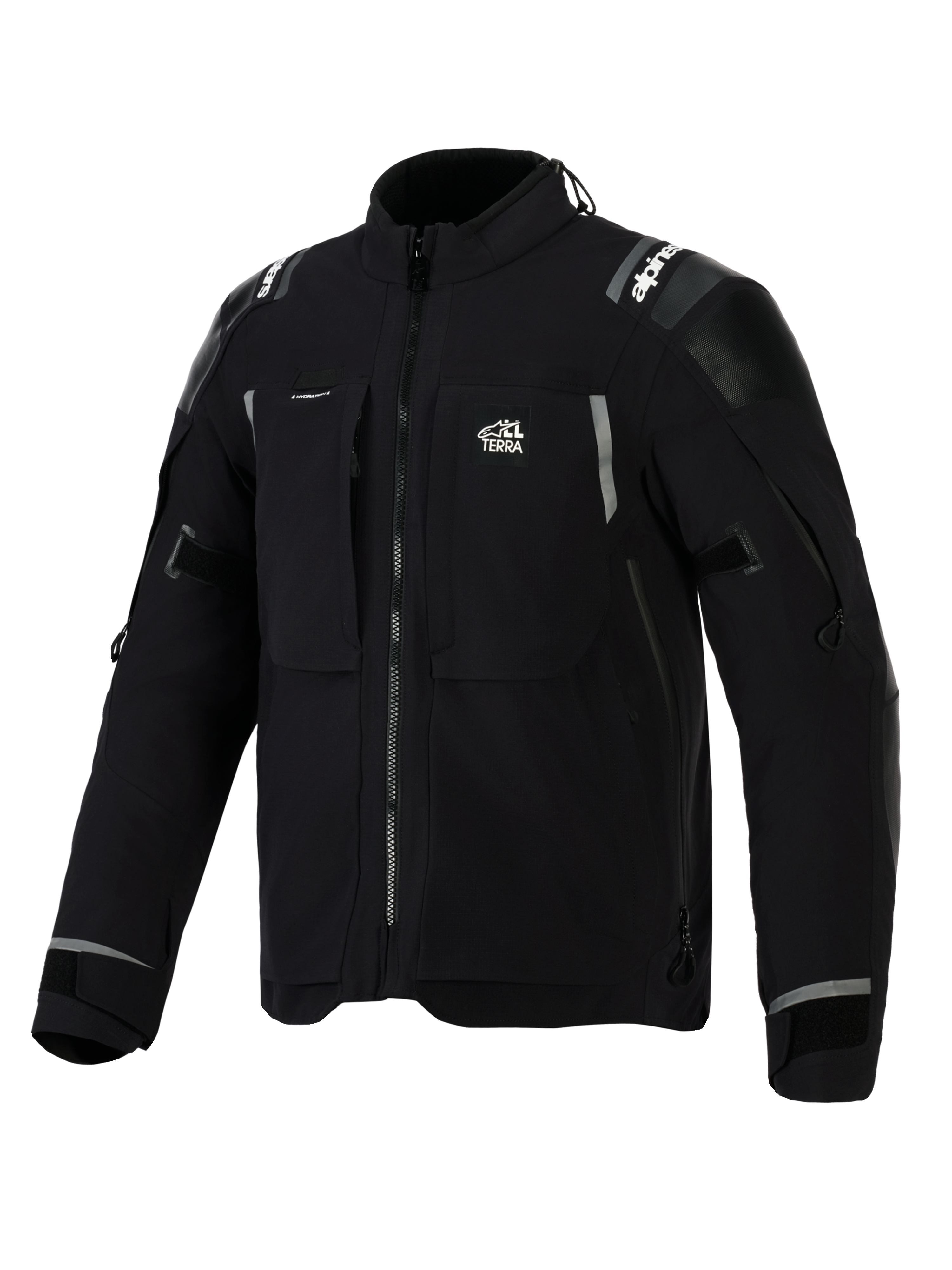 Alpinestars Andes Pro Drystar® XF Jacke, Adventure-Motorradjacke in Schwarz und Dunkelgrau, Vorderansicht schräg, mit „ALL TERRA“-Logo auf der Brust, reflektierendem Branding an den Schultern, mehreren wasserdichten Reißverschlusstaschen und verstellbaren Ärmelbündchen.