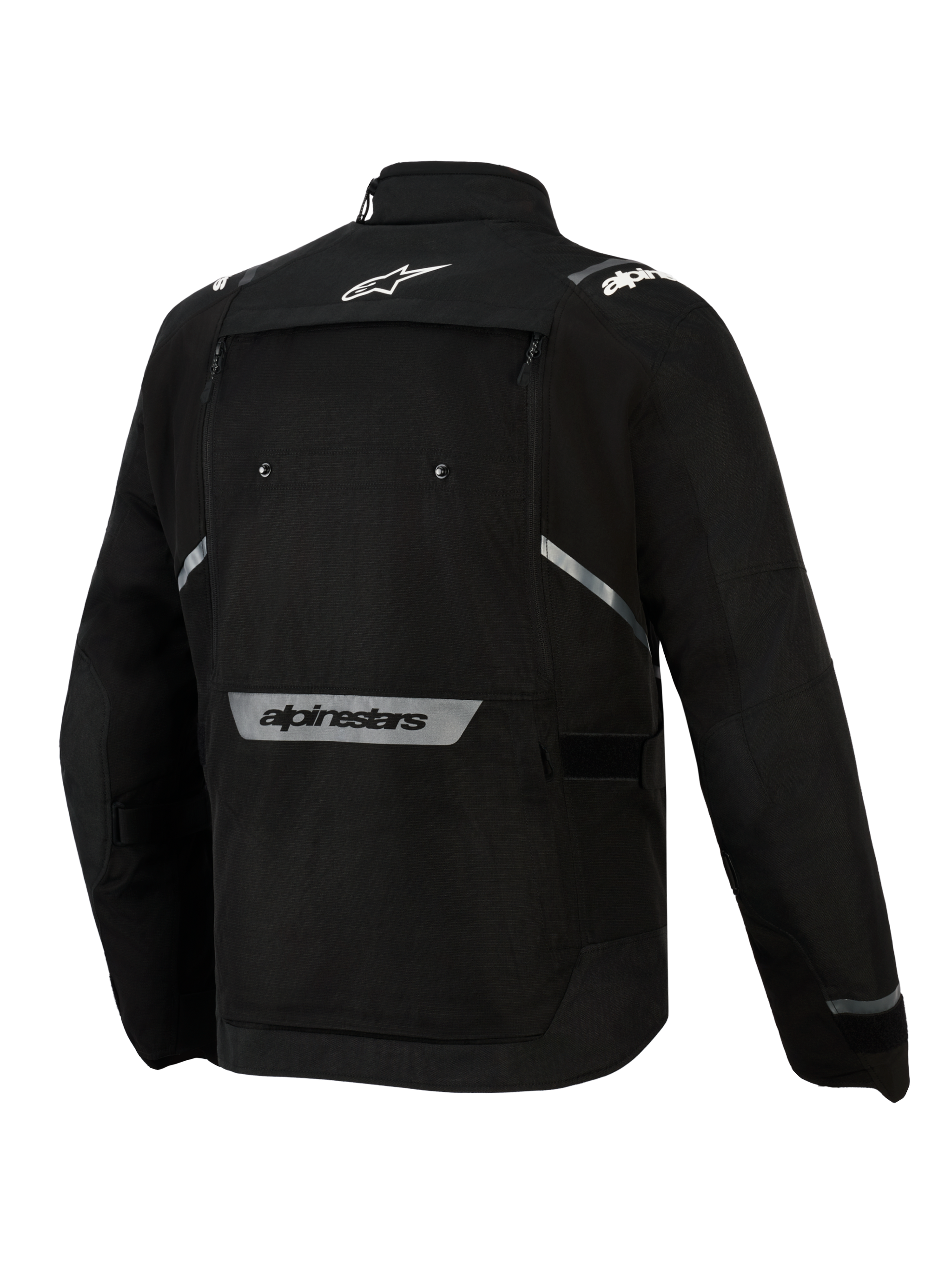 Alpinestars Cusco Drystar® Jacket, Black, Back View, featuring white star logo on the upper back, reflective Alpinestars wordmark on the lower back, large zippered ventilation panel, and durable textile construction for adventure touring