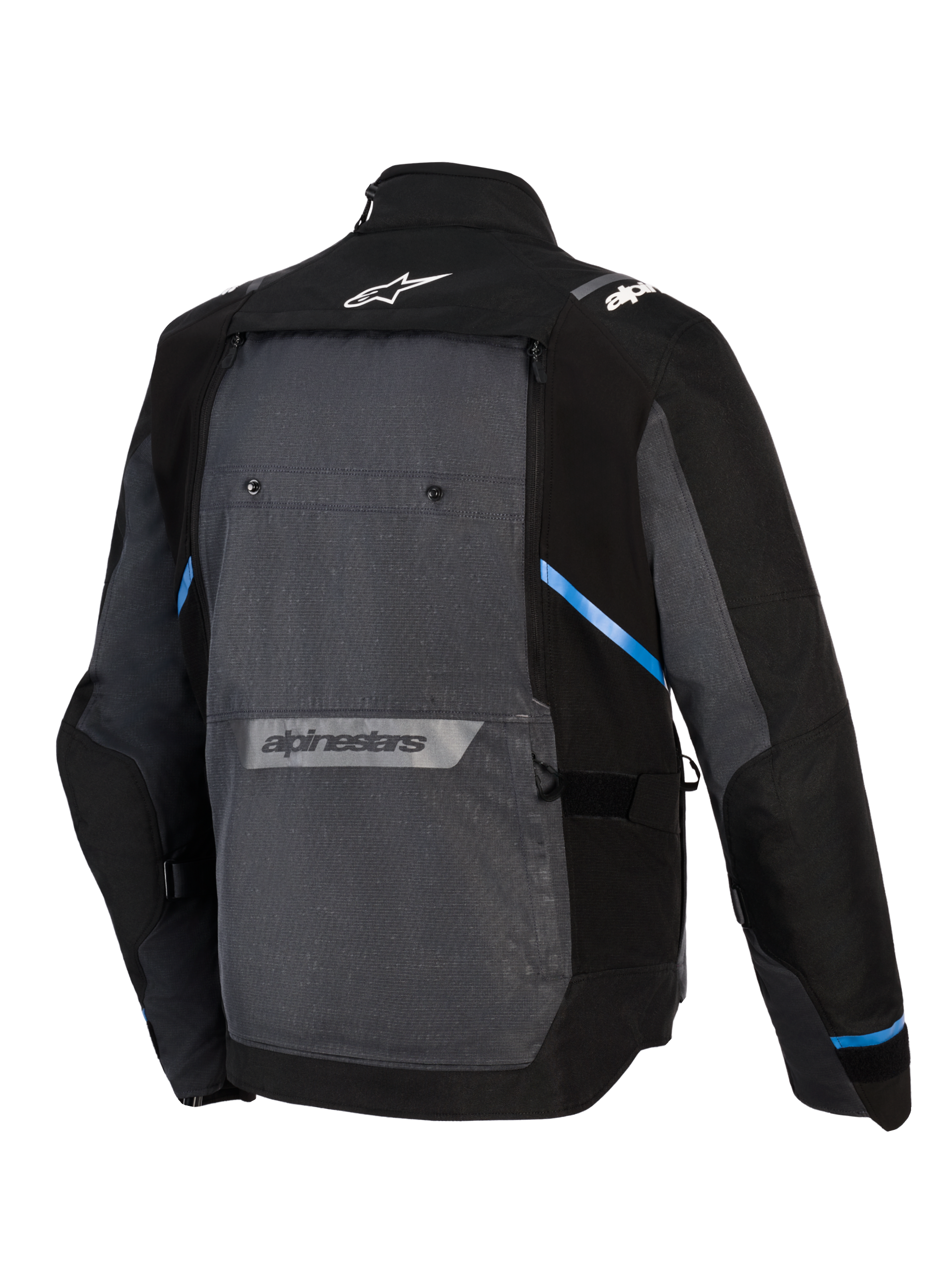 Alpinestars Cusco Drystar® Jacke, Adventure-Touring-Motorradjacke, Schwarz und Dunkelgrau, Rückansicht mit großem grauen Rückenteil, blauen Akzenten, Alpinestars-Logos auf dem oberen und unteren Rücken und strapazierfähiger Ripstop-Textilkonstruktion