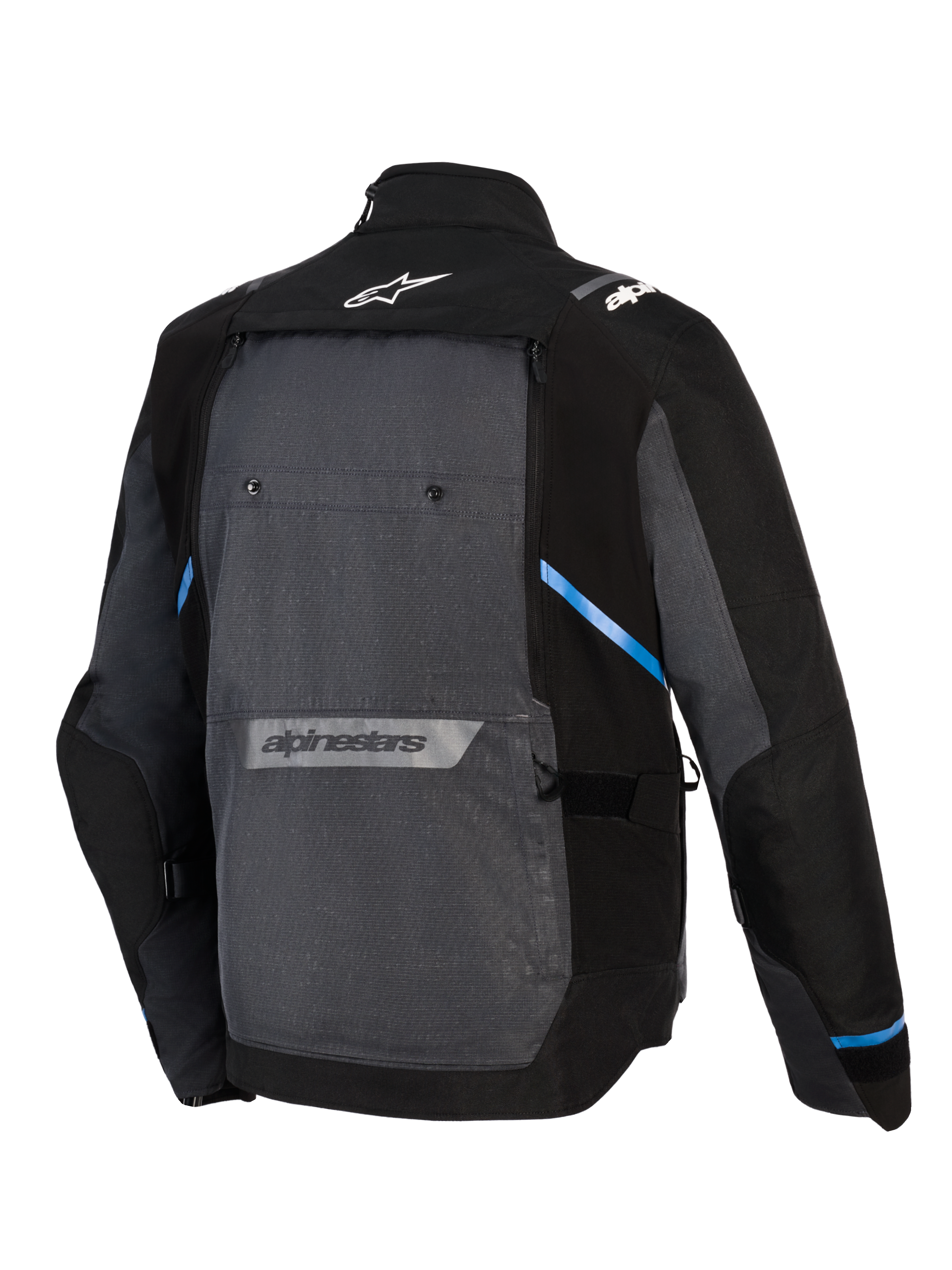 Alpinestars Cusco Drystar® Jacket, Adventure Touring Motorcycle Jacket, Black and Deep Gray, back view showing large gray rear panel, blue accents, Alpinestars logos on the upper and lower back, and durable ripstop textile construction