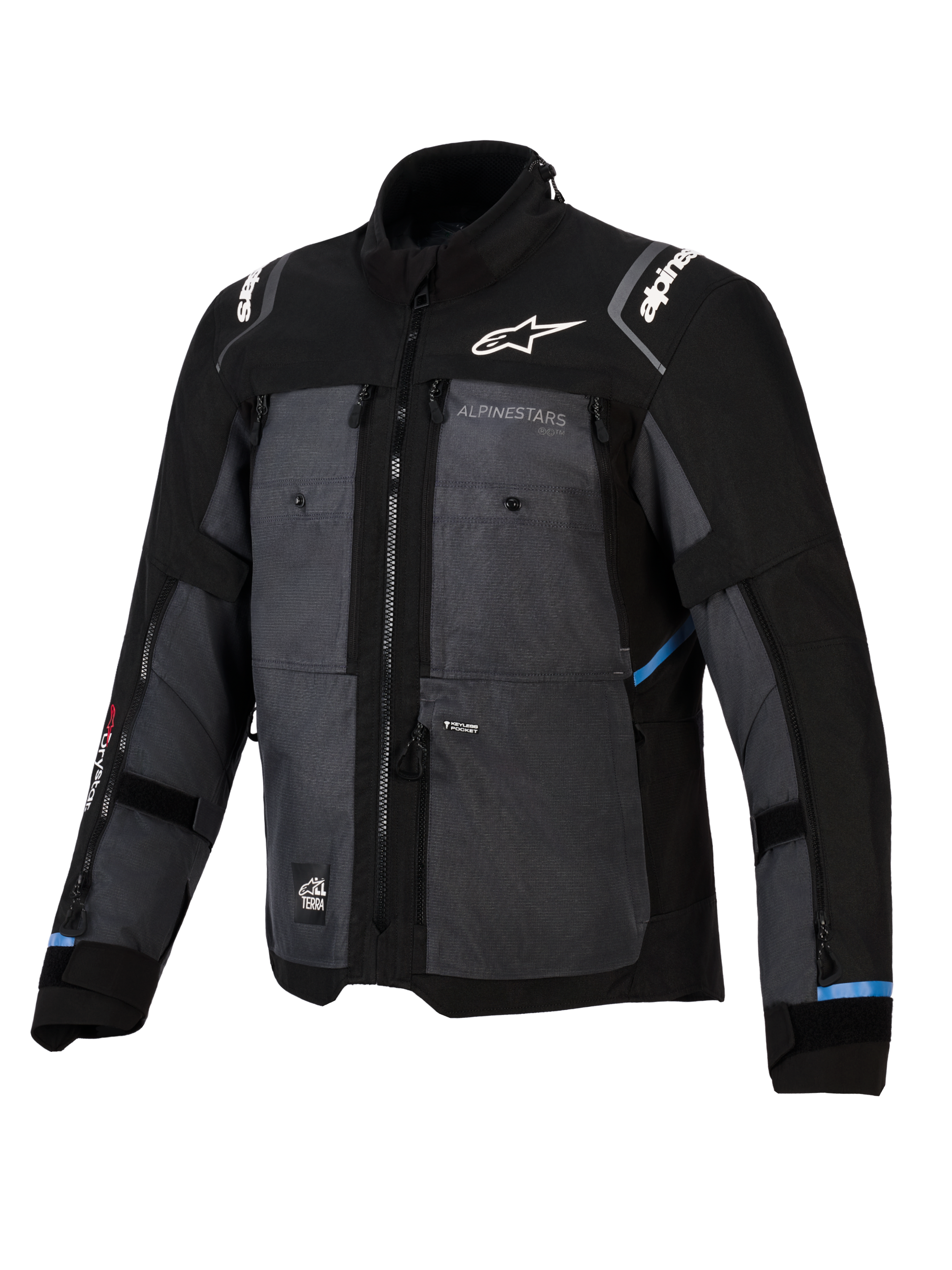 Alpinestars Cusco Drystar® Jacke, Adventure-Tourenjacke, Schwarz und Deep Gray, mit Ripstop-Textileinsätzen, weißem Alpinestars-Branding auf Brust und Schultern, mehreren Belüftungsreißverschlüssen und hellblauen Akzenten.