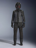 Alpinestars Cusco Drystar® Jacket, Black and Deep Gray adventure touring jacket, worn with matching black pants, gloves, and a full-face helmet, front full-body view, protective motorcycle apparel