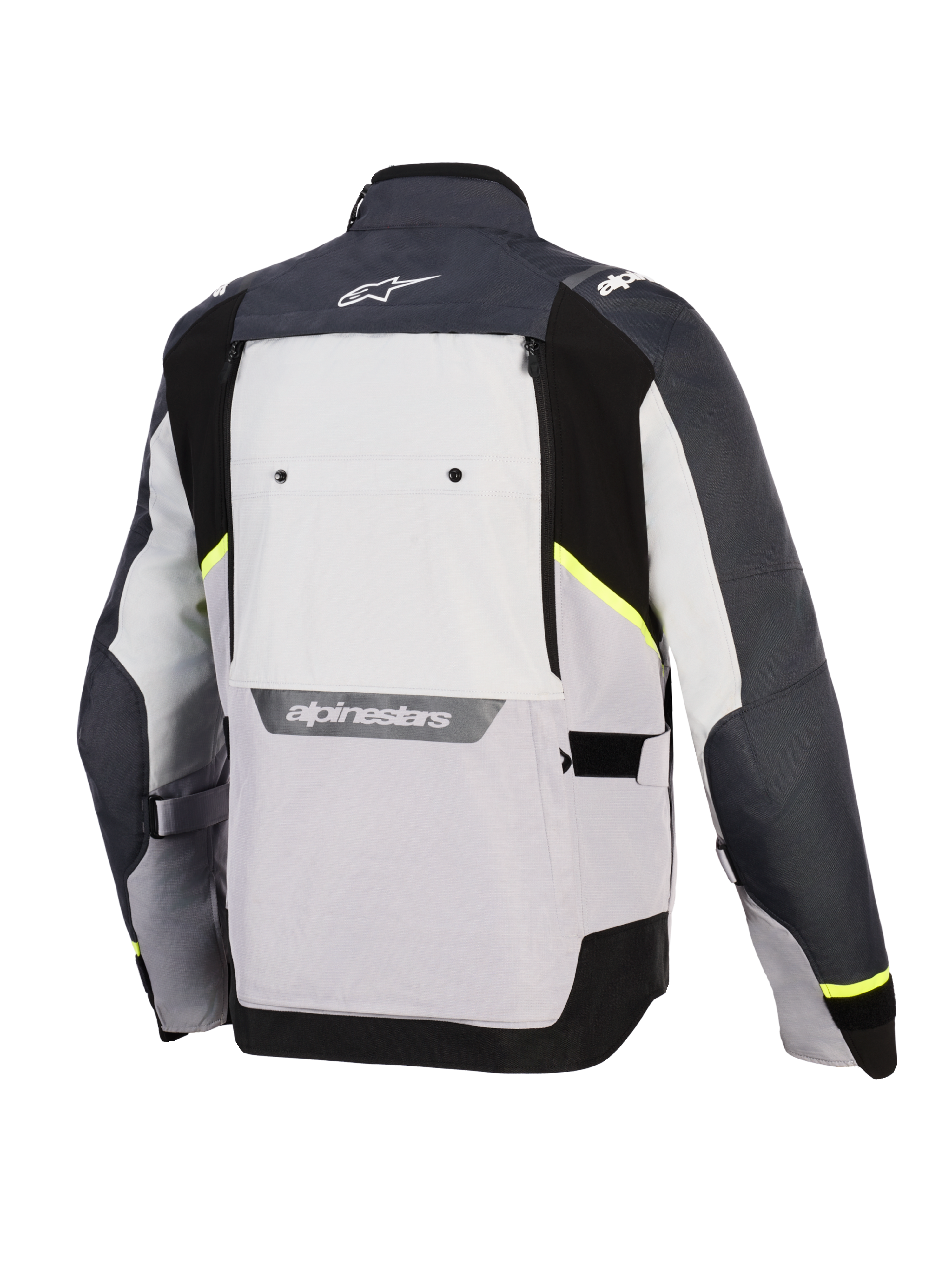 Alpinestars Cusco Drystar® Jacket, Motorcycle Jacket, Ice Gray Mid Gray and Deep Gray, back view featuring multi-tonal textile panels, neon yellow accents, large rear ventilation panel, and white Alpinestars branding on the collar and lower back