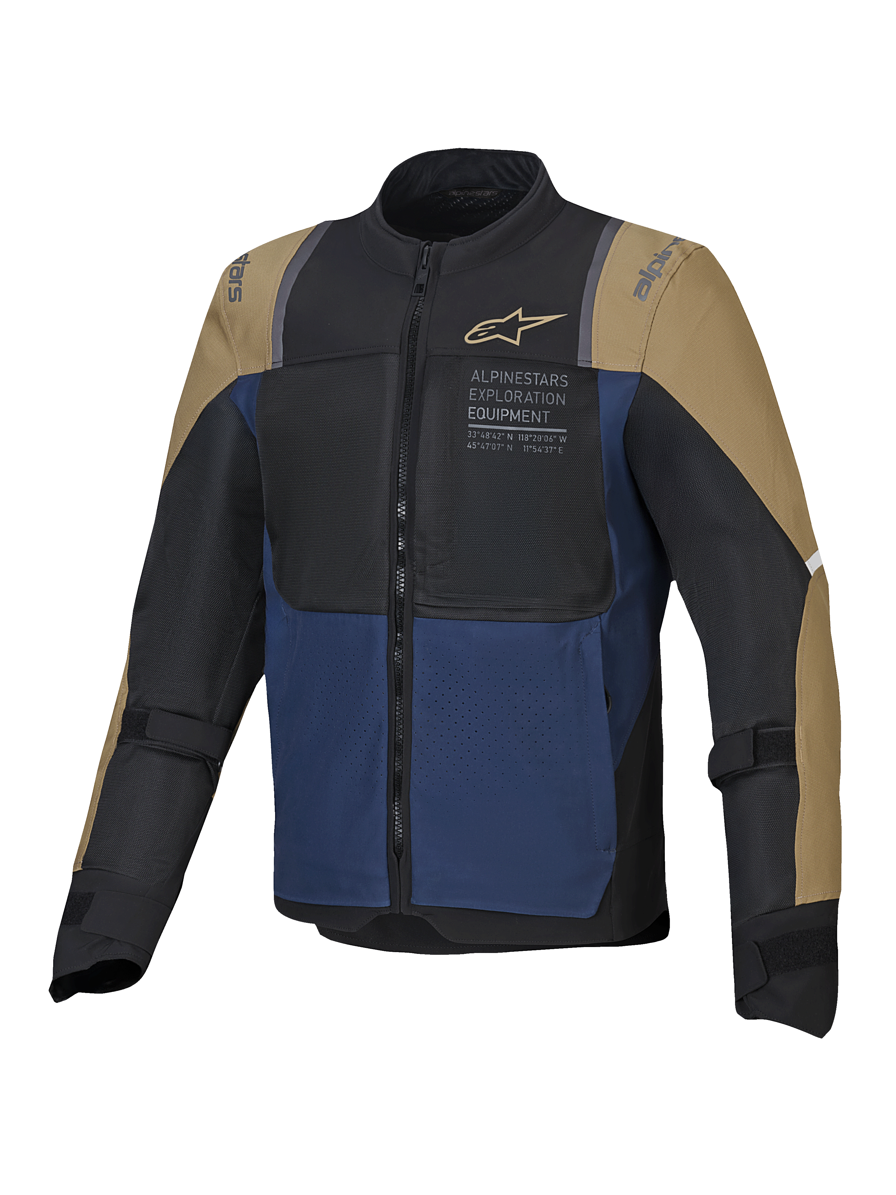 Alpinestars ST-2 Air Jacket, summer touring motorcycle jacket, Deep Blue, Dark Khaki, and Black, CE Level AA certified with Tech-Air readiness and mesh airflow ventilation
