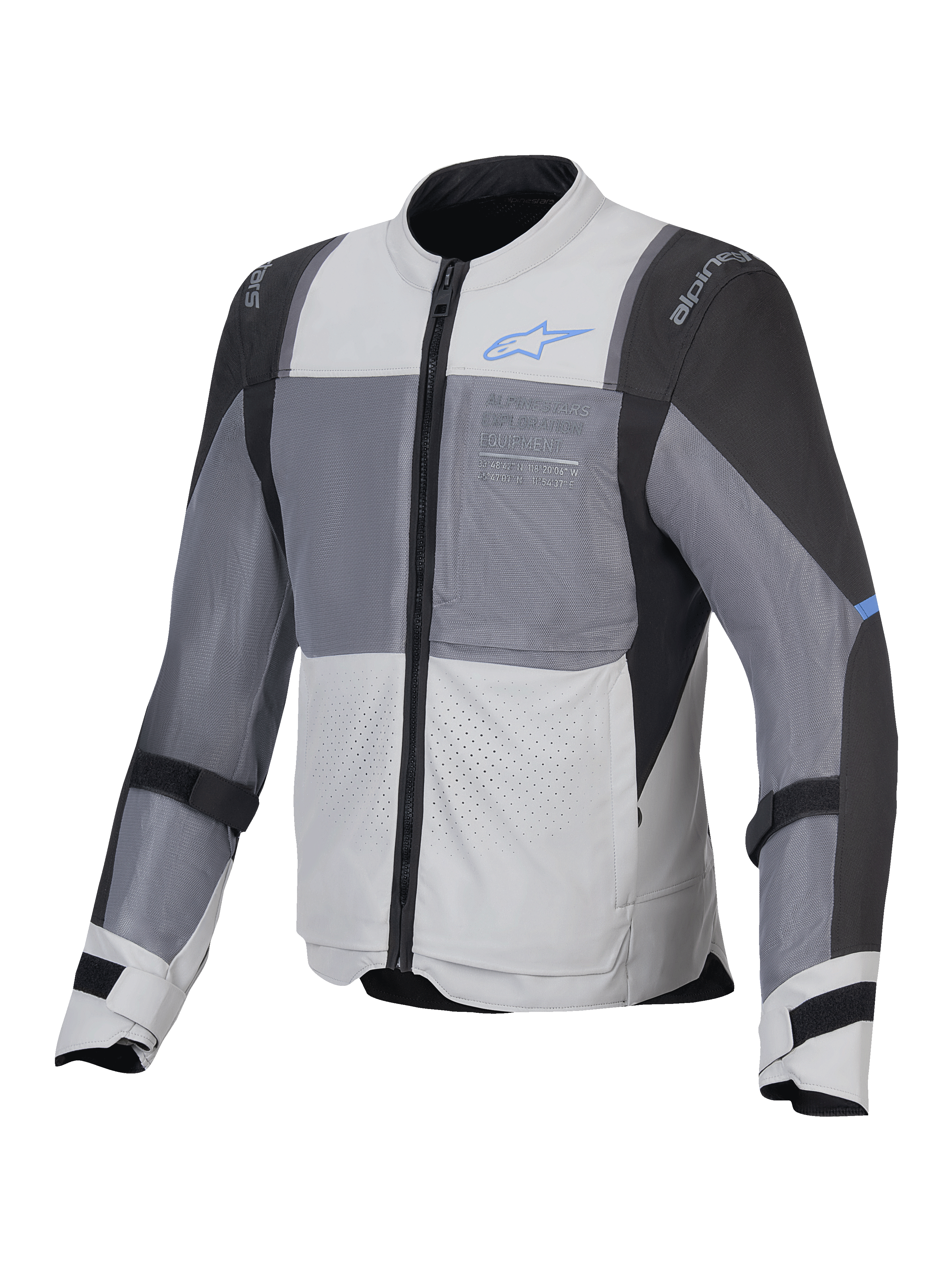Alpinestars ST-2 Air Jacket, men's motorcycle touring jacket, Ice Gray, Dark Gray, and Black, CE Level AA certified with mesh ventilation panels and Nucleon Flex Plus protectors