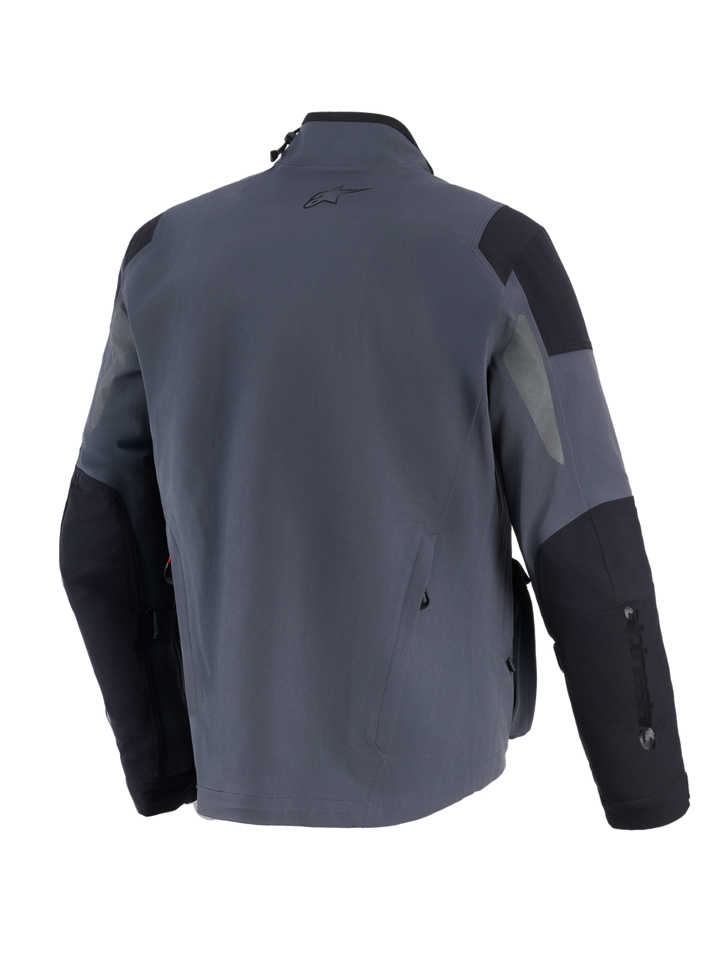 Alpinestars Maxdura Drystar®XF Laminated Armored Shell, technische Adventure-Motorradjacke, Dunkelgrau und Schwarz, Rückansicht mit verstärkten Schulter- und Ellbogen-Einsätzen, kleinem A-Star-Logo auf dem oberen Rücken und vertikalem Branding auf dem Ärmel.