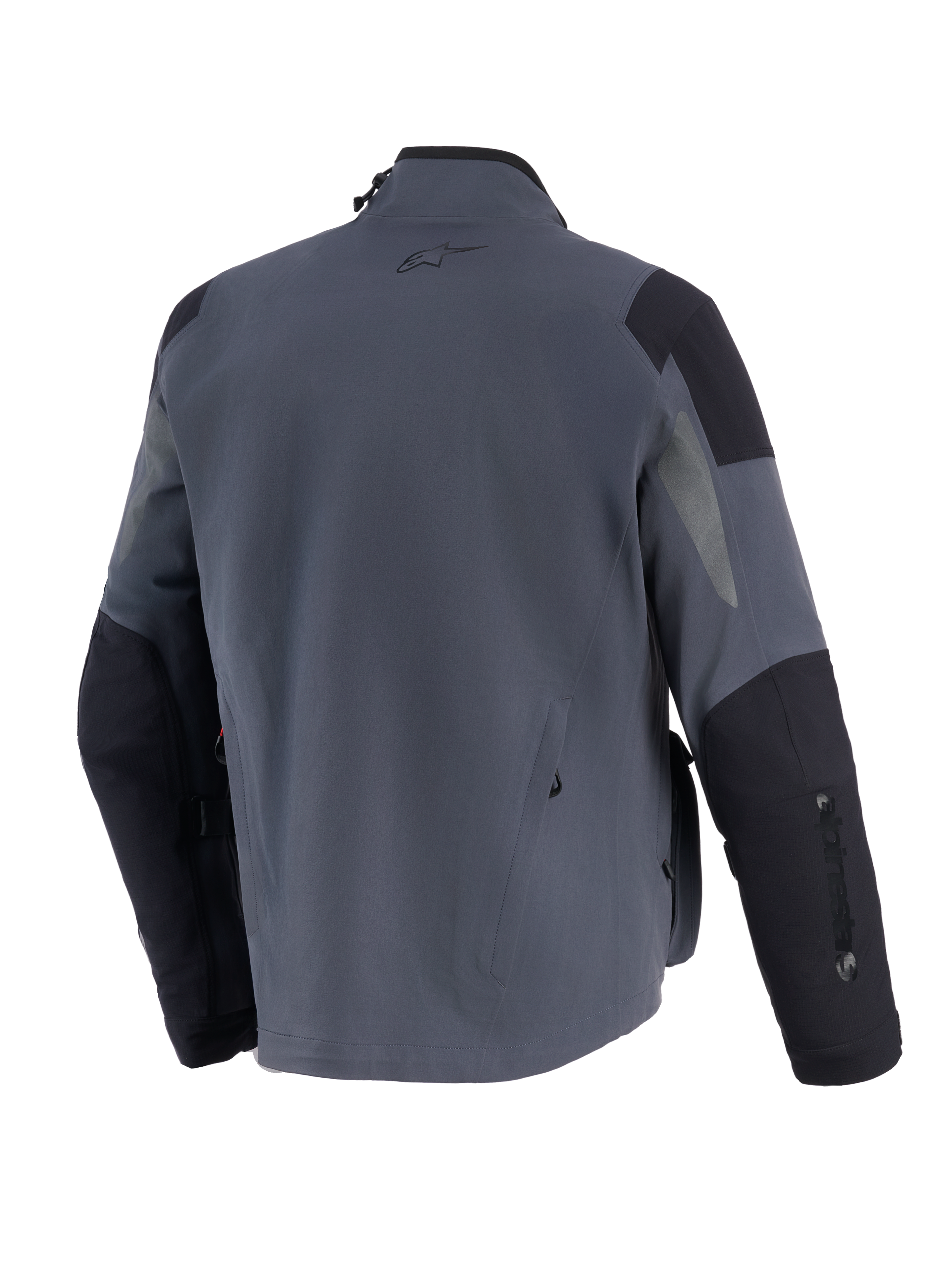 Alpinestars Maxdura Drystar®XF Laminated Armored Shell, technische Adventure-Motorradjacke, Dunkelgrau und Schwarz, Rückansicht mit verstärkten Schulter- und Ellbogen-Einsätzen, kleinem A-Star-Logo auf dem oberen Rücken und vertikalem Branding auf dem Ärmel.