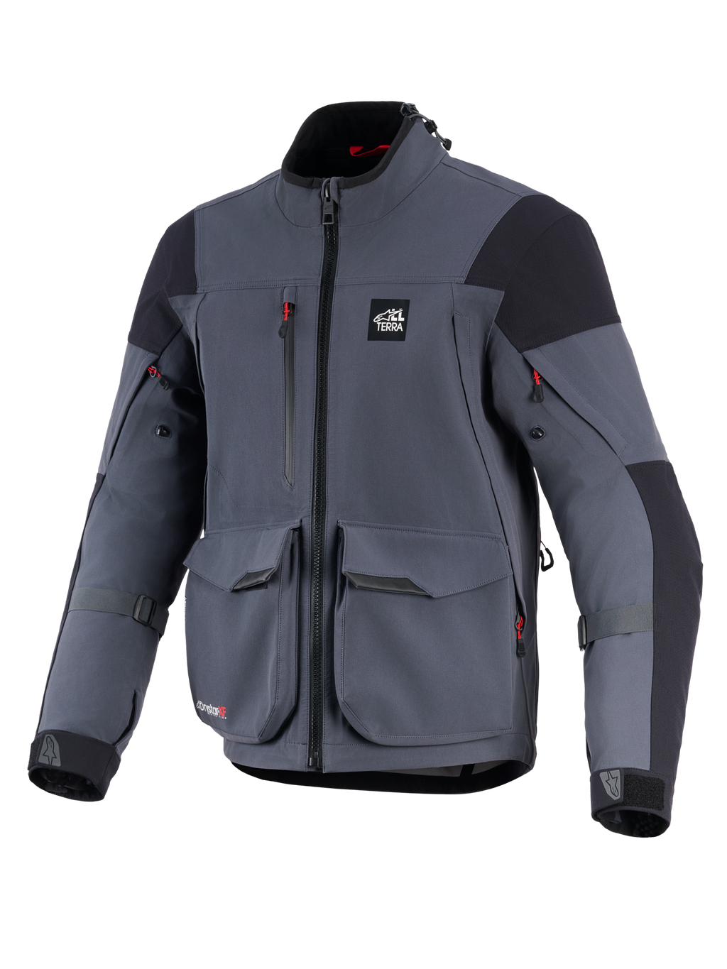 Alpinestars Maxdura Drystar®XF Laminierte Gepanzerte Jacke, Motorradjacke, Dunkelgrau und Schwarz, Vorderansicht mit großen Cargotaschen, roten Reißverschluss-Akzenten, „ALL TERRA“-Brustlogo und verstellbaren Ärmelriemen, technische Adventure-Touring-Ausrüstung