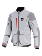 Alpinestars Maxdura Drystar®XF Laminated Armored Shell, Motorcycle Jacket, Mid Gray and Dark Gray, featuring red zipper accents and cuff logos, large front cargo pockets, reinforced shoulder and elbow panels, technical adventure gear design with 'ALL TERRA' logo on chest