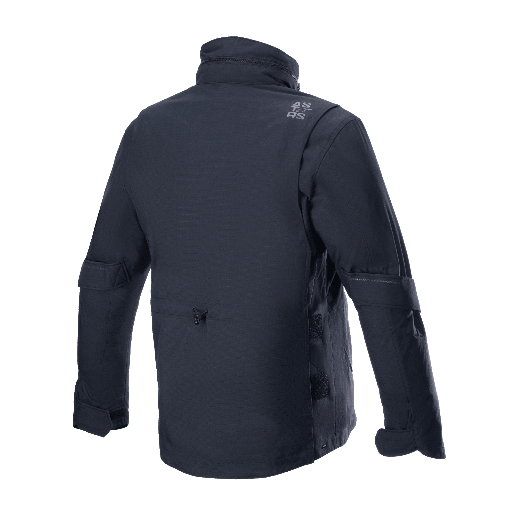 Alpinestars MO.ST.EQ Field wasserfeste Primaloft-Jacke, Schwarz, Rückansicht, moderne, von Streetwear inspirierte Motorradjacke mit Ripstop-Textilkonstruktion, hohem Kragen und dezentem grauen Branding auf der Schulter.