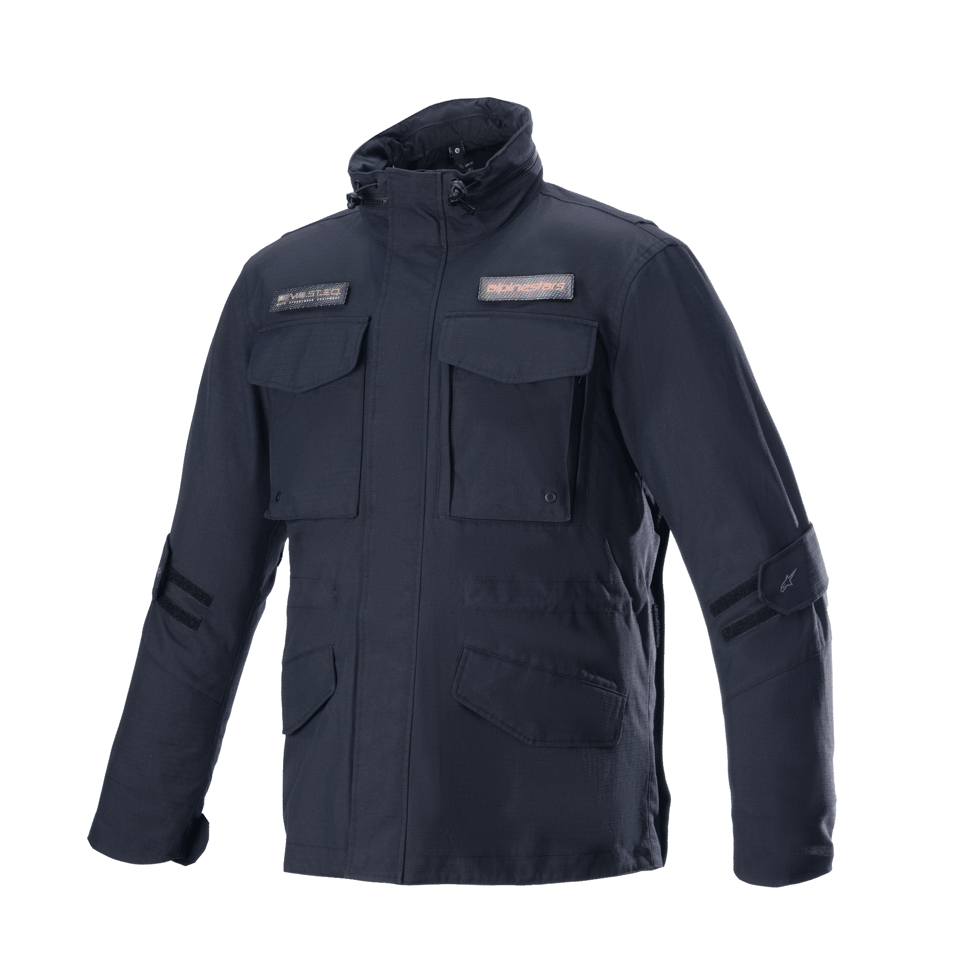 Alpinestars MO.ST.EQ Field Waterproof Primaloft Jacke, Schwarz, Urbane Motorradjacke, Field-Jacket-Stil, Vier Fronttaschen mit Klappen, Hoher Kragen mit Kordelzügen, Strapazierfähige Ripstop-Konstruktion mit Logo-Aufnähern