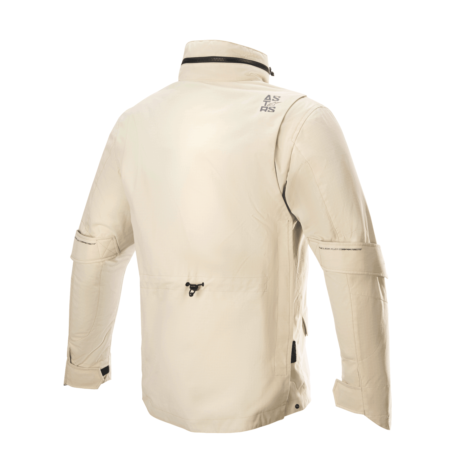 Alpinestars MO.ST.EQ Field Waterproof Primaloft Jacke, Motorradjacke, Sand Military, Rückansicht mit hohem Kragen und verstaubarer Kapuze, Ärmel-Volumenregulierungen und einer leichten Ripstop-Konstruktion im modernen Field-Jacket-Stil
