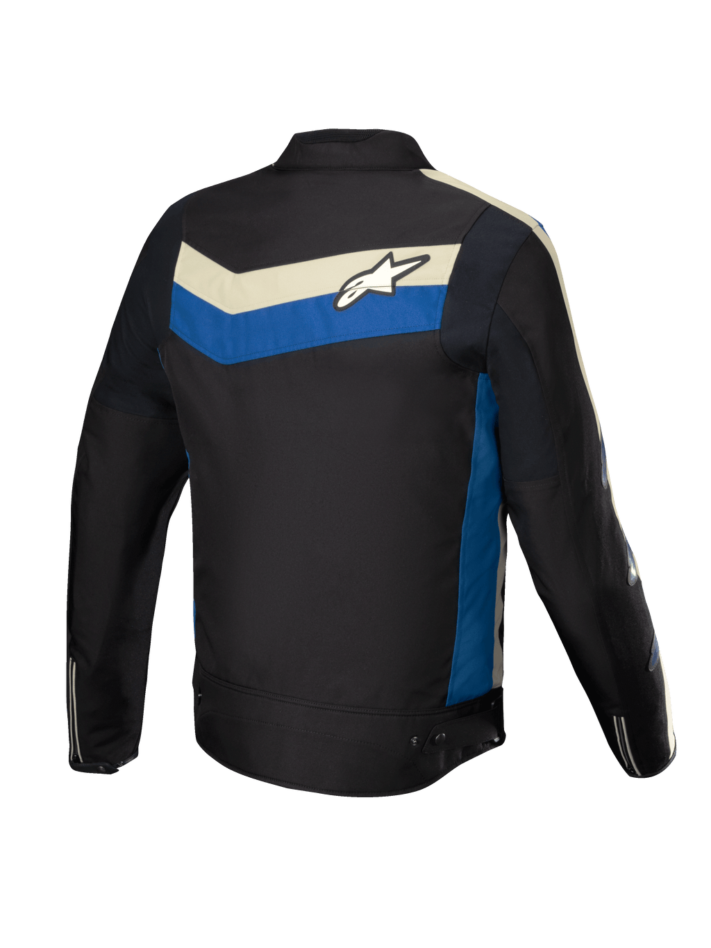 Alpinestars T-Dyno Wasserabweisend Jacke, Herren-Motorradjacke, Schwarz mit blauen und écrufarbenen Akzenten, Rückansicht mit Stretcheinsätzen und Logo-Grafik auf dem Rücken