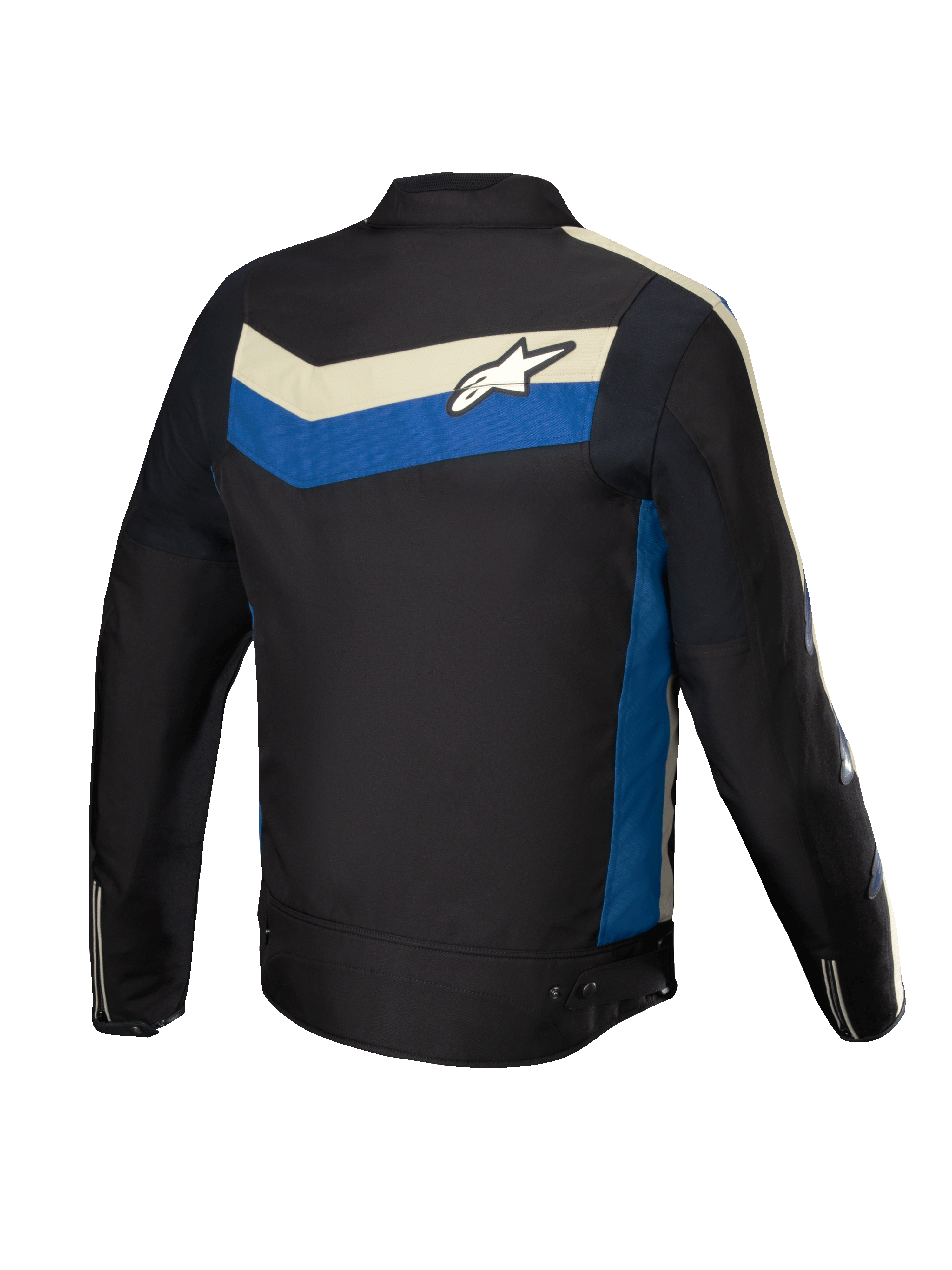 Alpinestars T-Dyno Wasserabweisend Jacke, Herren-Motorradjacke, Schwarz mit blauen und écrufarbenen Akzenten, Rückansicht mit Stretcheinsätzen und Logo-Grafik auf dem Rücken
