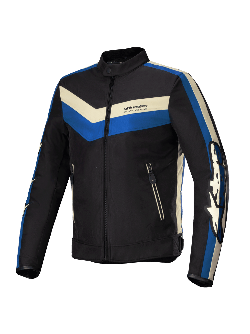 Alpinestars T-Dyno Wasserabweisende Jacke, Herren-Motorradjacke, Schwarz, Blau und Ecru, wasserabweisende Konstruktion mit vintage-inspirierter Biker-Passform und CE-zertifiziertem Schutz
