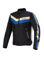 Alpinestars T-Dyno Wasserabweisende Jacke, Herren-Motorradjacke, Schwarz, Blau und Ecru, wasserabweisende Konstruktion mit vintage-inspirierter Biker-Passform und CE-zertifiziertem Schutz