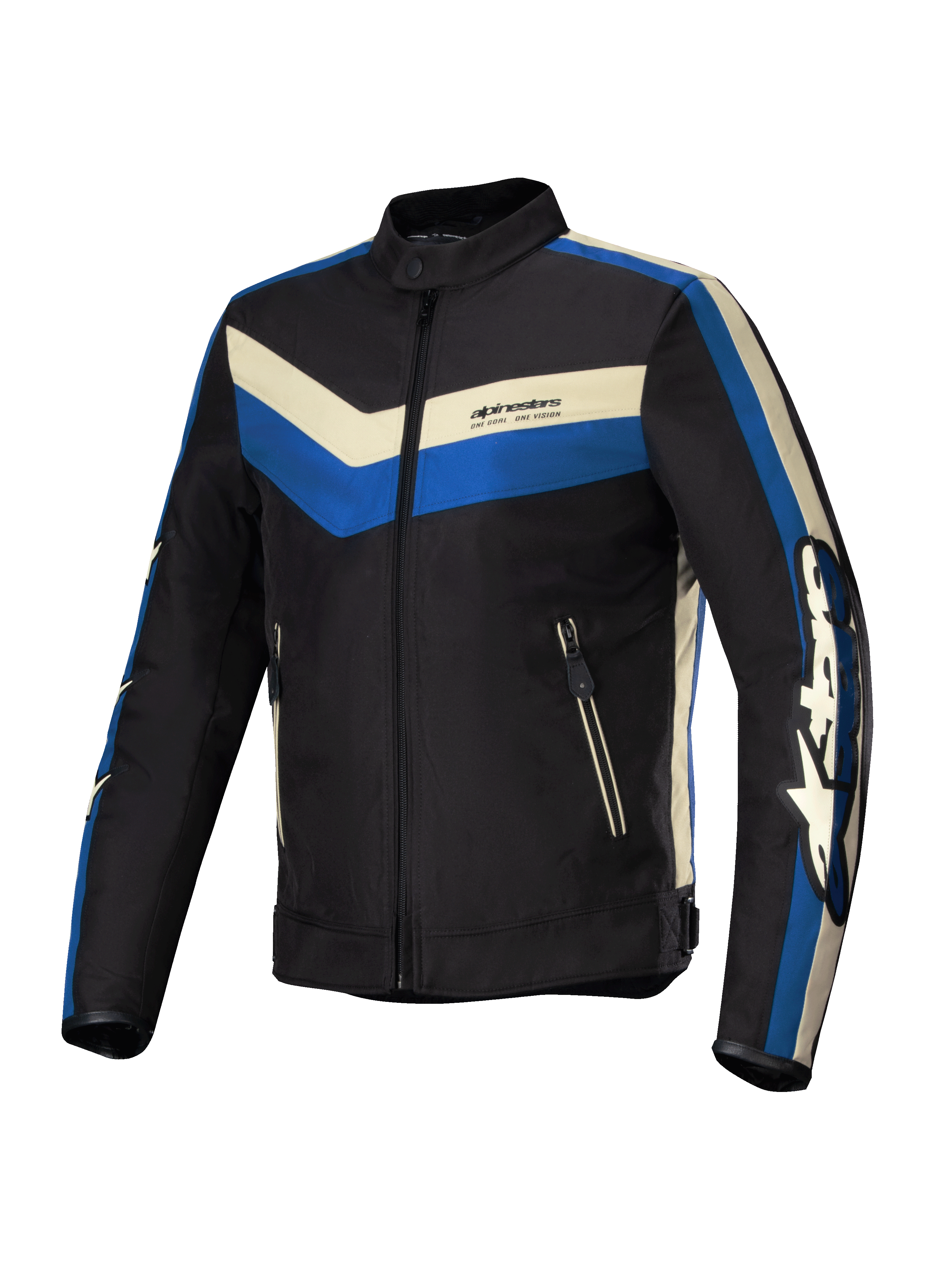Alpinestars T-Dyno Wasserabweisende Jacke, Herren-Motorradjacke, Schwarz, Blau und Ecru, wasserabweisende Konstruktion mit vintage-inspirierter Biker-Passform und CE-zertifiziertem Schutz