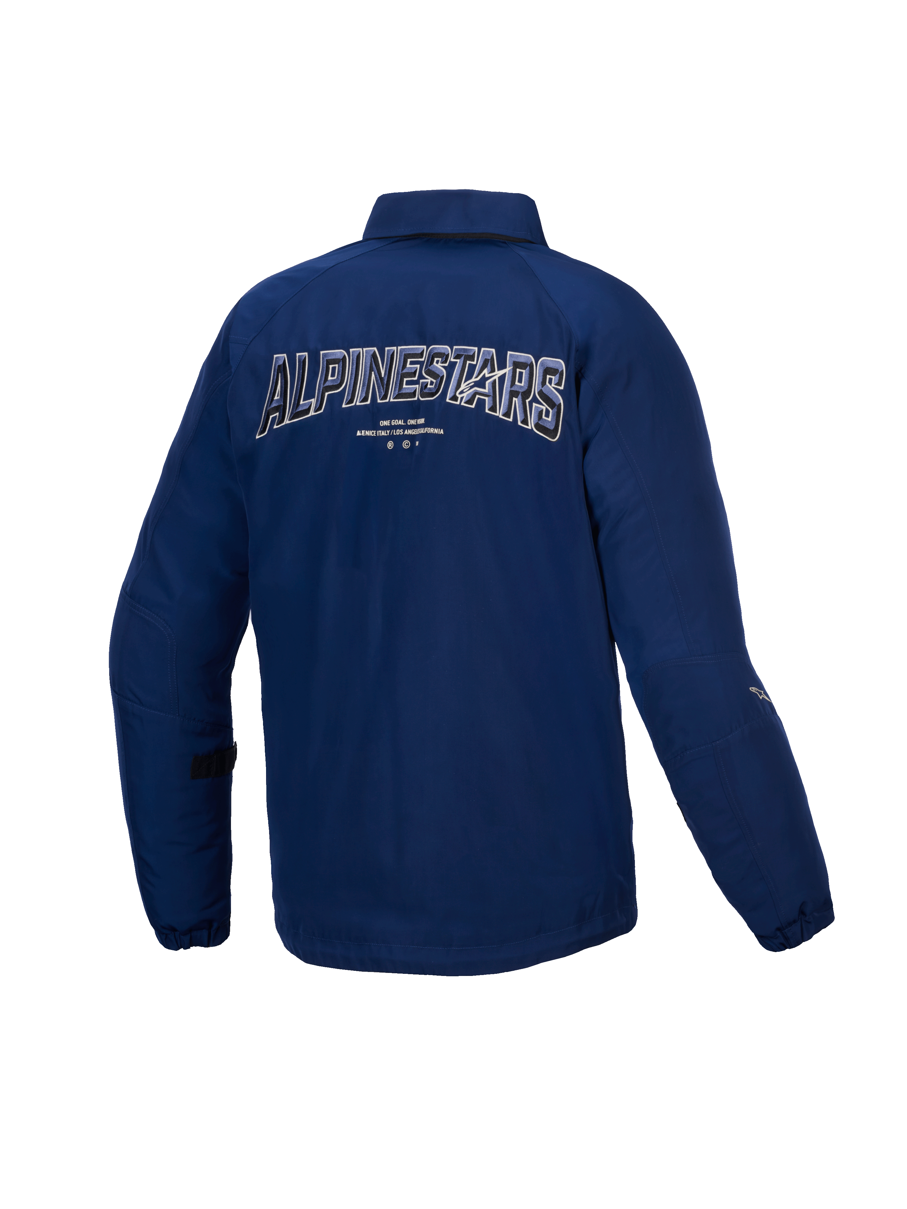 Alpinestars Revved Wasserabweisend Jacke, Herren-Motorradjacke, Blau, Rückansicht mit dynamischer 3D-Stickerei, CE-zertifizierte wasserabweisende Satinkonstruktion