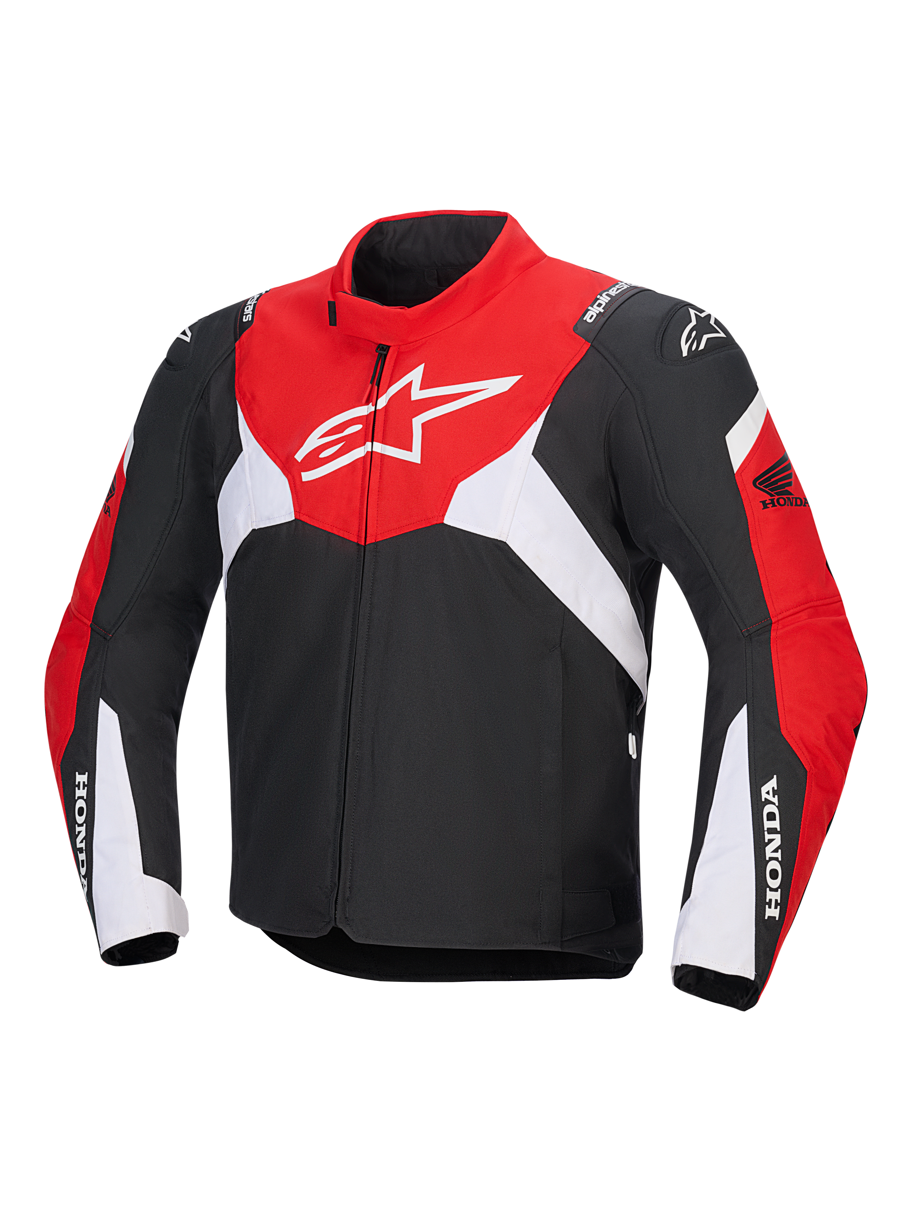 Alpinestars Honda T-Jaws V4 Wp Jacket, technical motorcycle waterproof jacket, Black, Bright Red and White, featuring a large white Astar logo on the chest and Honda branding on the sleeves, sporty design with high collar and front zipper.