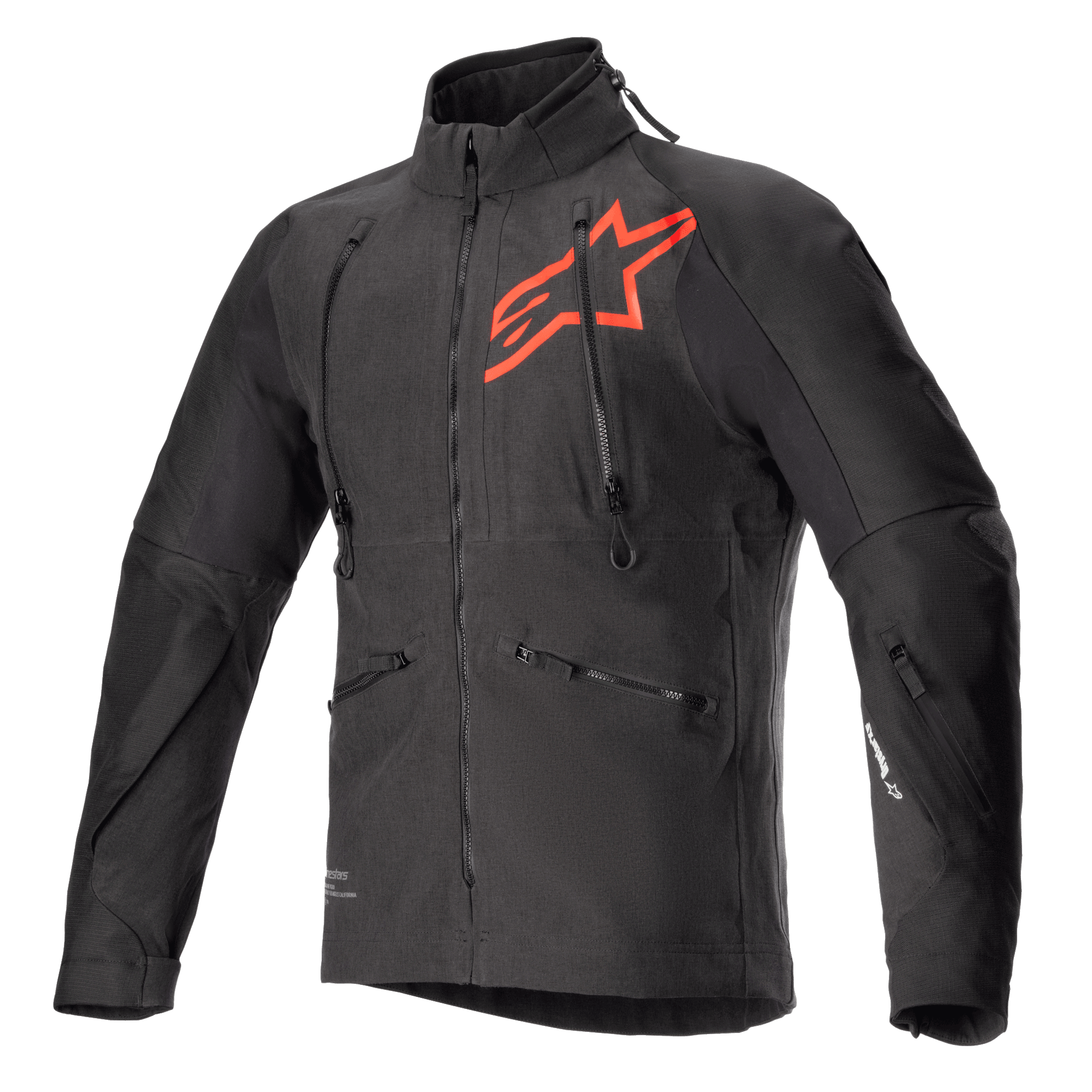Alpinestars Hyde XT Drystar XF Jacke, technische Motorradjacke in Schwarz und leuchtendem Rot, großes rotes Stern-Logo auf der Brust, vertikale Belüftungsreißverschlüsse an der Brust, hoher Kragen, texturiertes Vier-Wege-Stretchgewebe, entwickelt für Adventure- und Offroad-Fahrten
