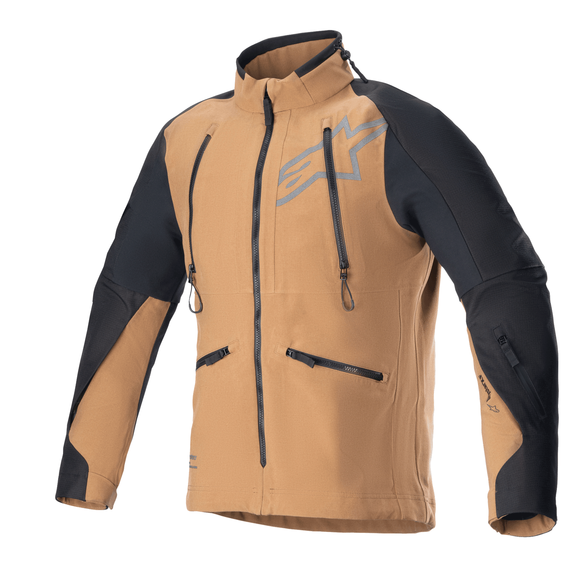 Alpinestars Hyde XT Drystar XF Jacke, Motorrad-Adventure-Touring-Jacke, Sand und Schwarz, mit vertikalen Belüftungsreißverschlüssen an der Brust und Seitentaschen, schwarzen Ripstop-Einsätzen an Schultern und Armen, hohem Kragen, wasserdichte Textilkonstruktion für Offroad-Fahrten
