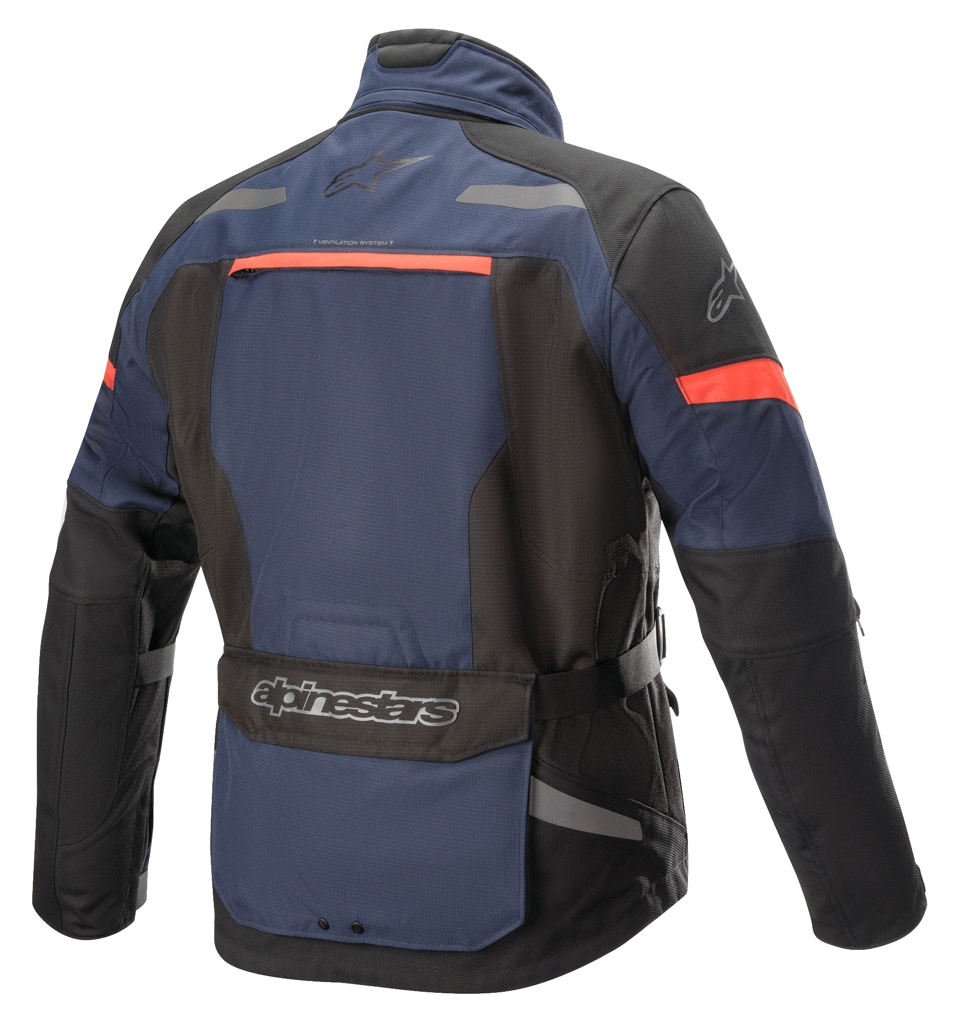 Alpinestars Valparaiso V3 Drystar® Jacke, Adventure-Touring-Motorradjacke, Dunkelblau und Schwarz mit rot-orangenen Akzenten, Rückansicht mit einer großen Rückentasche, reflektierenden Details und Belüftungsöffnungen.
