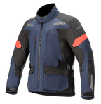 Alpinestars Valparaiso V3 Drystar Jacke, Motorrad-Touringjacke, Dunkelblau und Schwarz mit roten Akzenten, reflektierende Streifen, mehrere Cargo-Taschen mit Reißverschluss, verstellbare Taillen- und Ärmelgurte, robuste Textilkonstruktion für Adventure-Touring