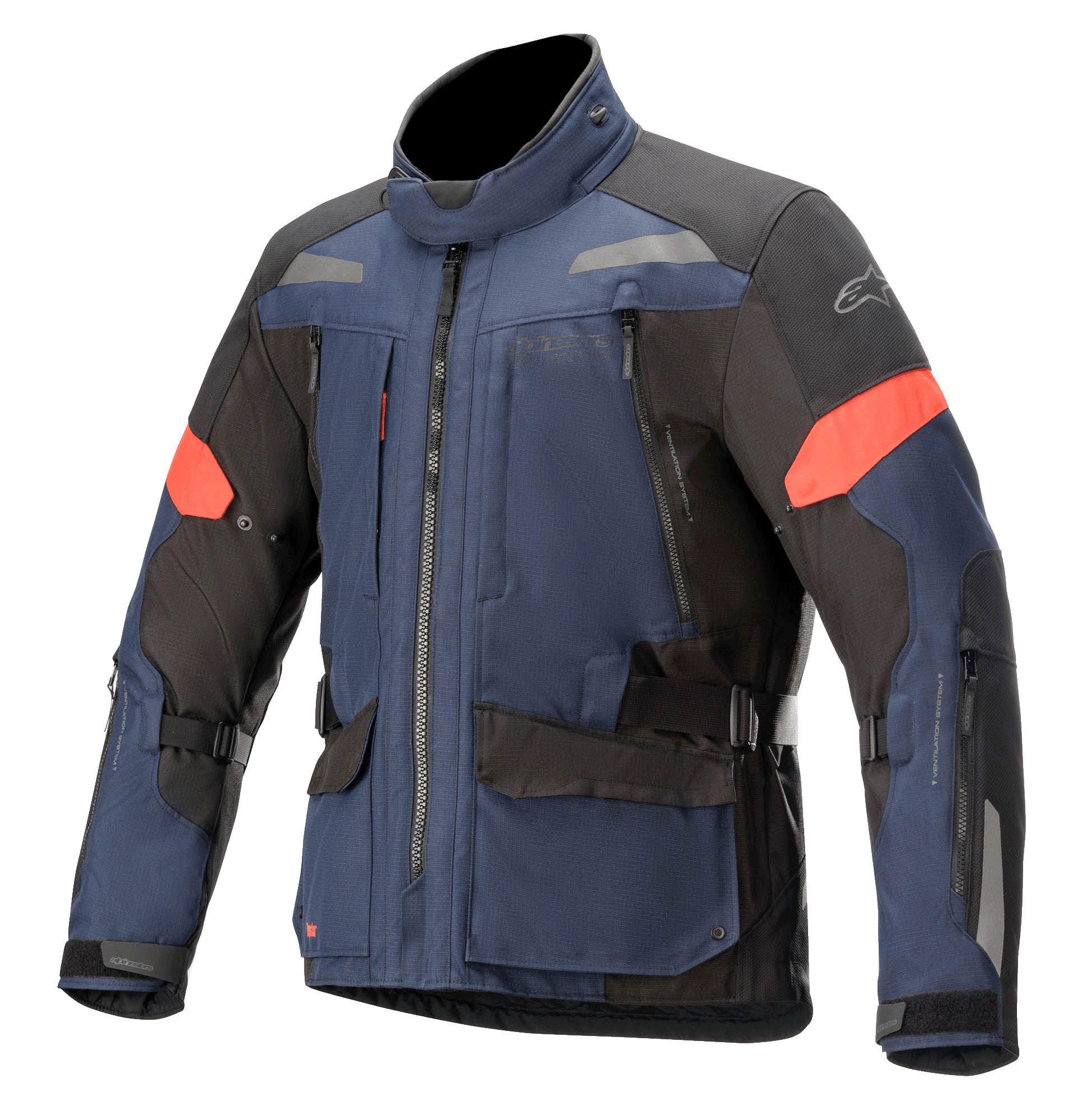 Alpinestars Valparaiso V3 Drystar Jacke, Motorrad-Touringjacke, Dunkelblau und Schwarz mit roten Akzenten, reflektierende Streifen, mehrere Cargo-Taschen mit Reißverschluss, verstellbare Taillen- und Ärmelgurte, robuste Textilkonstruktion für Adventure-Touring