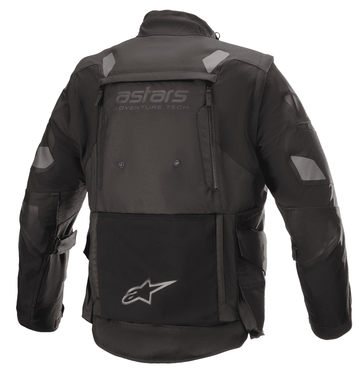 Alpinestars Halo Drystar® Jacket, Adventure Touring Motorcycle Jacket, Black, back view featuring large rear ventilation panel, "astars adventure tech" branding, reflective shoulder and elbow patches, and integrated lower back storage pocket with star logo