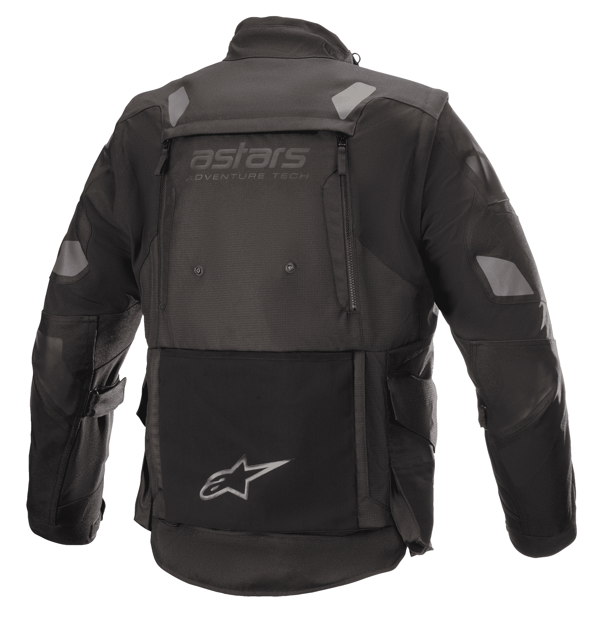 Alpinestars Halo Drystar® Jacke, Adventure-Touring-Motorradjacke, Schwarz, Rückansicht mit großem Belüftungspanel am Rücken, „astars adventure tech“-Branding, reflektierende Aufnäher an Schultern und Ellbogen sowie integrierte Tasche am unteren Rücken mit Stern-Logo