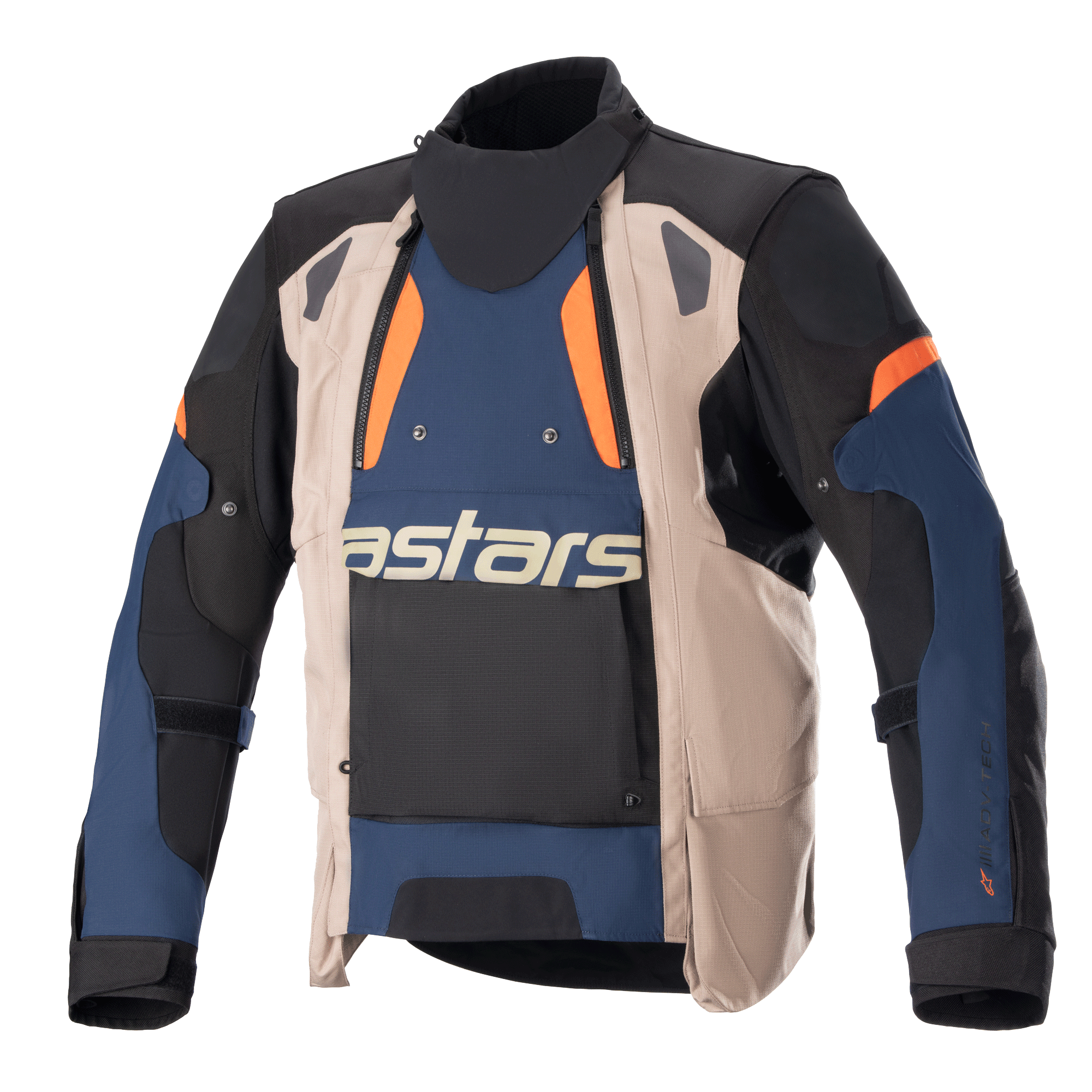 Alpinestars Halo Drystar® Jacke, Adventure-Motorrad-Tourenjacke, Dunkelblau, Dunkles Khaki und Flame Orange, asymmetrische Vorderseite mit breitem Belüftungspanel, markantes „astars“-Branding auf der Brust, hoher Kragen, robuste Textilkonstruktion für Allwetterschutz
