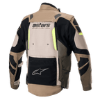 Alpinestars Halo Drystar® Jacke, Rückansicht, Dark Khaki und Sand mit neongelben Akzenten, Adventure-Tourenmotorradjacke mit einem großen Belüftungspanel am Rücken, 'astars ADVENTURE TECH'-Branding und einer schwarzen unteren Funktionstasche.