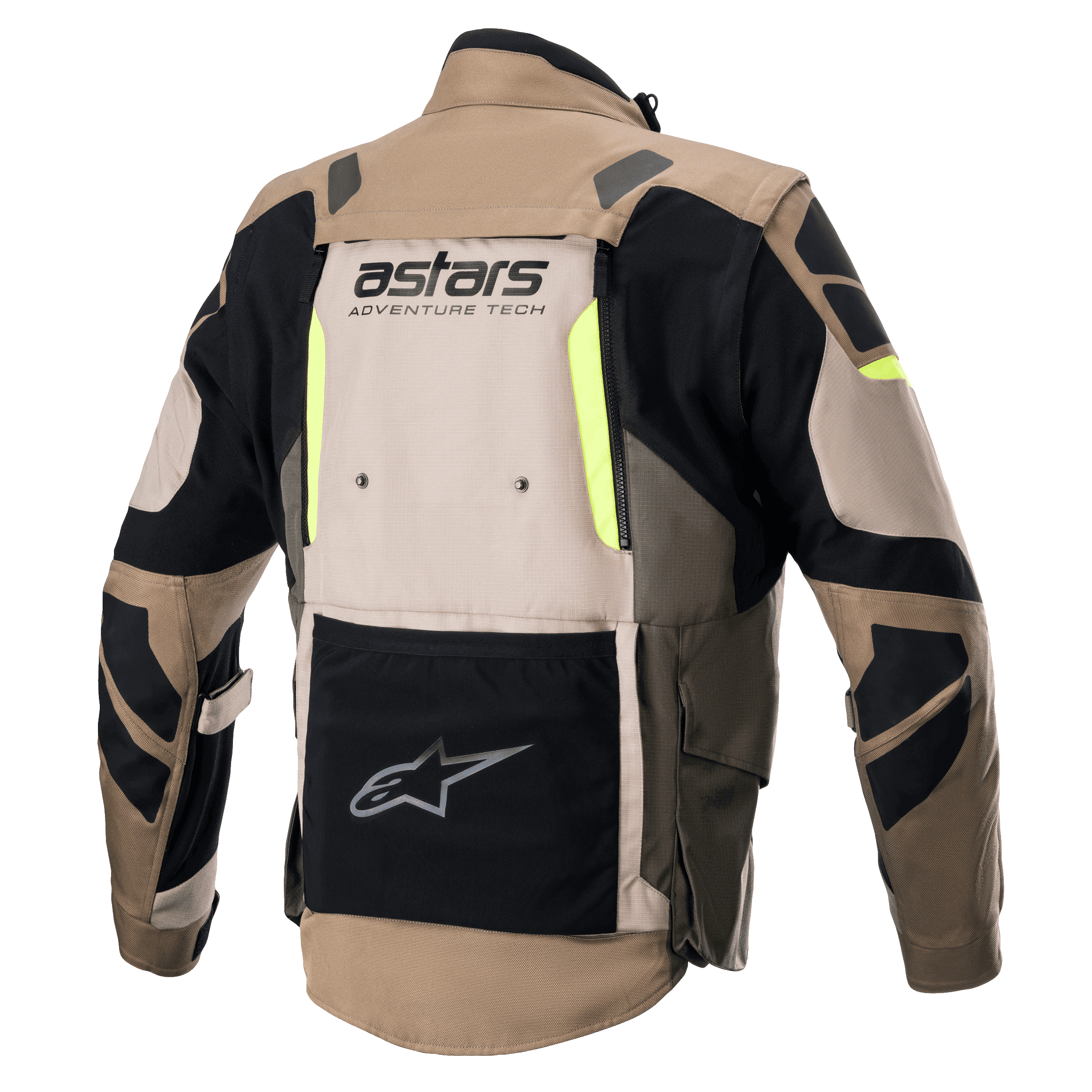 Alpinestars Halo Drystar® Jacke, Rückansicht, Dark Khaki und Sand mit neongelben Akzenten, Adventure-Tourenmotorradjacke mit einem großen Belüftungspanel am Rücken, 'astars ADVENTURE TECH'-Branding und einer schwarzen unteren Funktionstasche.
