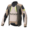 Alpinestars Halo Drystar® Jacke, Motorrad-Adventure-Tourenjacke, Dunkelkhaki und Sand mit neongelben Akzenten, großer Belüftungseinsatz vorne mit astars-Branding, hoher Kragen, robuste Textilkonstruktion für Fahrten zu jeder Jahreszeit