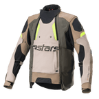Alpinestars Halo Drystar® Jacke, Motorrad-Adventure-Tourenjacke, Dunkelkhaki und Sand mit neongelben Akzenten, großer Belüftungseinsatz vorne mit astars-Branding, hoher Kragen, robuste Textilkonstruktion für Fahrten zu jeder Jahreszeit