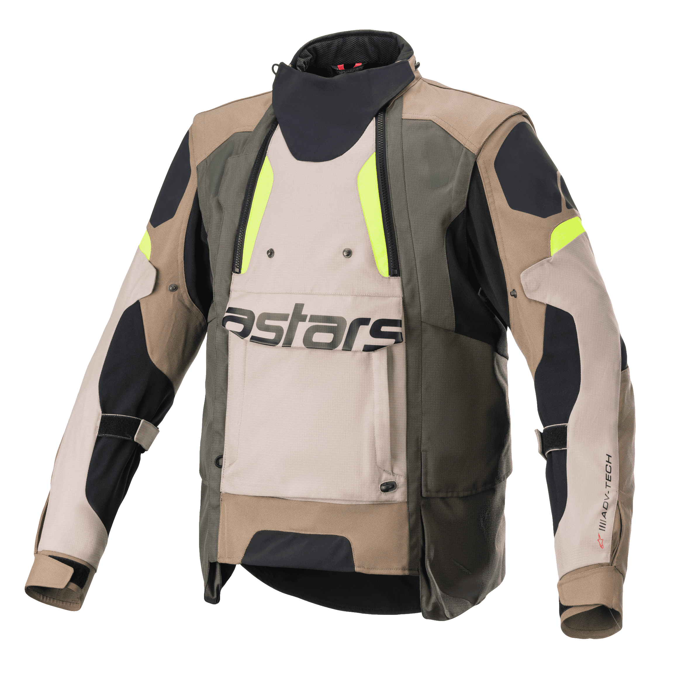 Alpinestars Halo Drystar® Jacke, Motorrad-Adventure-Tourenjacke, Dunkelkhaki und Sand mit neongelben Akzenten, großer Belüftungseinsatz vorne mit astars-Branding, hoher Kragen, robuste Textilkonstruktion für Fahrten zu jeder Jahreszeit