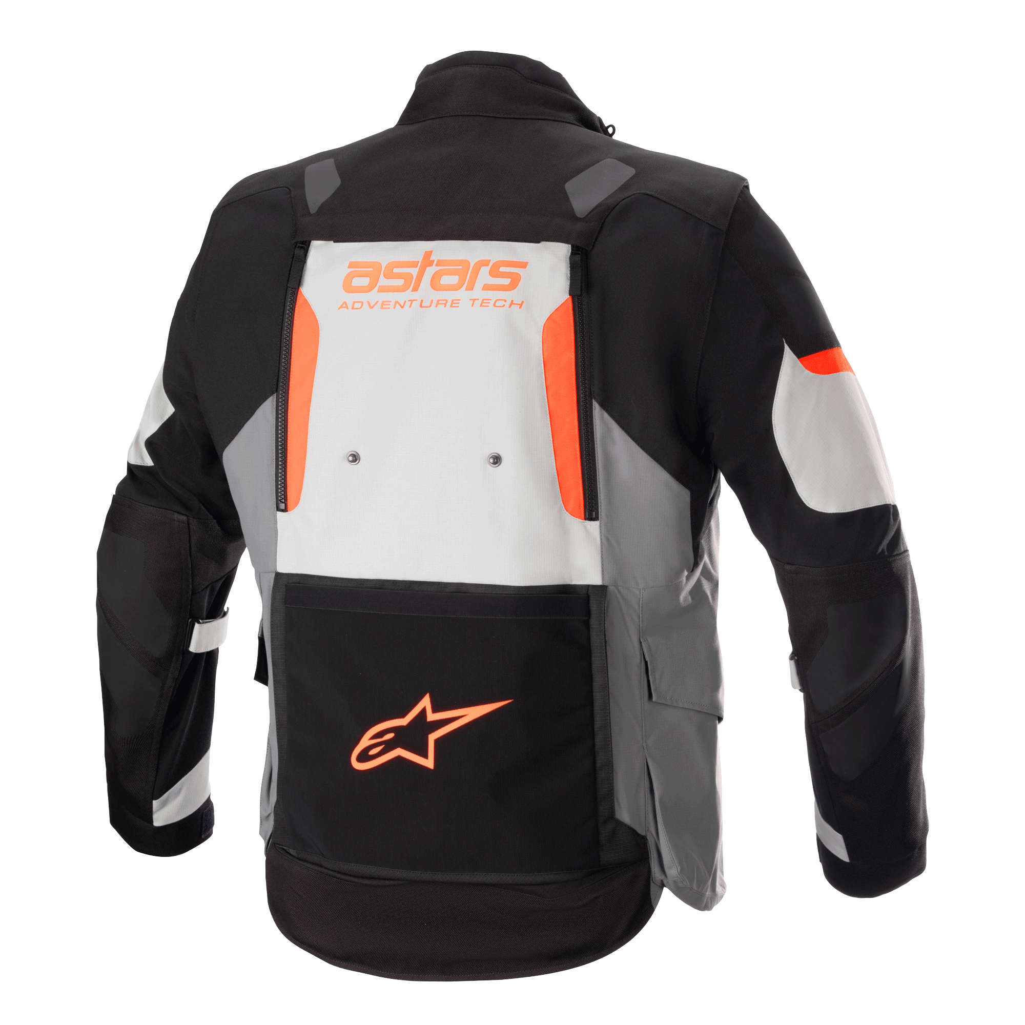 Alpinestars Halo Drystar® Jacke, Adventure-Tourenjacke, Dunkelgrau, Eisgrau und Schwarz mit orangefarbenen Akzenten, Rückansicht mit großem Belüftungseinsatz am Rücken, 'astars ADVENTURE TECH'-Branding und orangefarbenem Stern-Logo auf der unteren Tasche, technische Ganzjahres-Motorradausrüstung