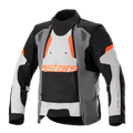 Alpinestars Halo Drystar® Jacke, Motorrad-Adventure-Touring-Jacke, Dunkelgrau, Eisgrau und Schwarz mit orangefarbenen Akzenten, asymmetrischer Belüftungseinsatz vorne, orangefarbenes Astars-Branding, verstellbare Ärmelriemen, hoher Kragen, schützende Textilausrüstung für Ganzjahres-Abenteuerfahrten
