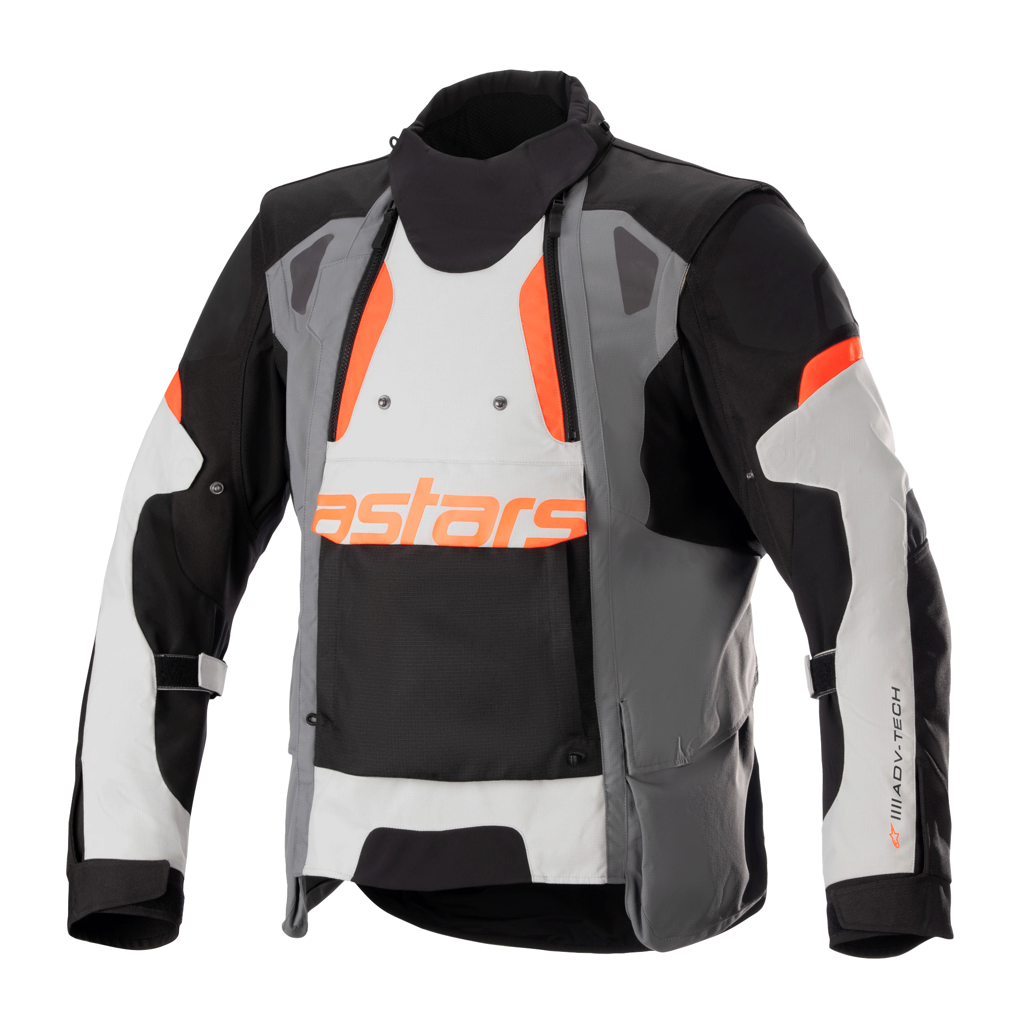 Alpinestars Halo Drystar® Jacke, Motorrad-Adventure-Touring-Jacke, Dunkelgrau, Eisgrau und Schwarz mit orangefarbenen Akzenten, asymmetrischer Belüftungseinsatz vorne, orangefarbenes Astars-Branding, verstellbare Ärmelriemen, hoher Kragen, schützende Textilausrüstung für Ganzjahres-Abenteuerfahrten